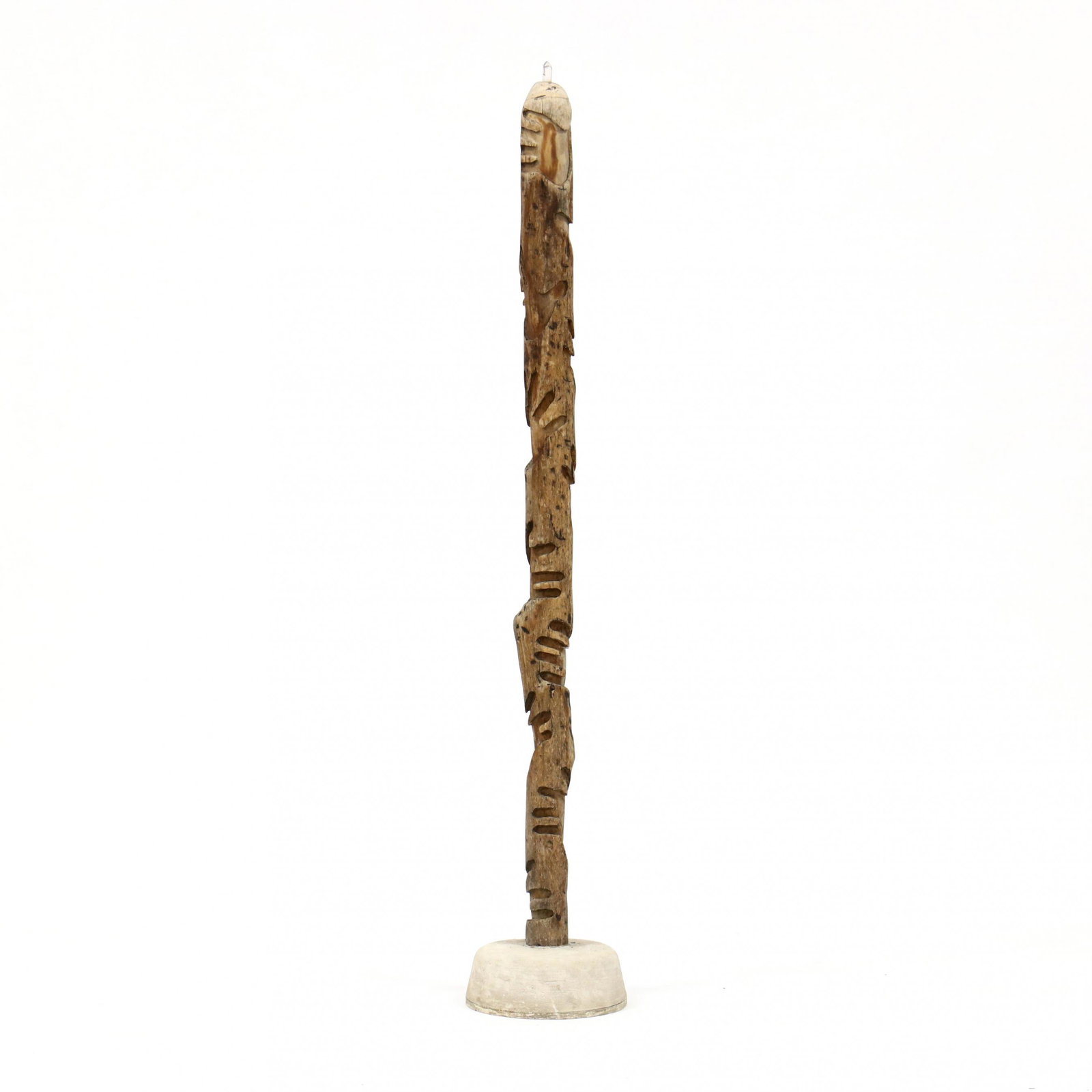 Mitchell Roberts (NC), Untitled: Mitchell Roberts (NC), Untitledlate 20th century, teak, quartz, and plaster, incised handprint design, initialed at bottom. 66 x 11 in diameter. Joe Rowand Additional high-resolution photos are availa