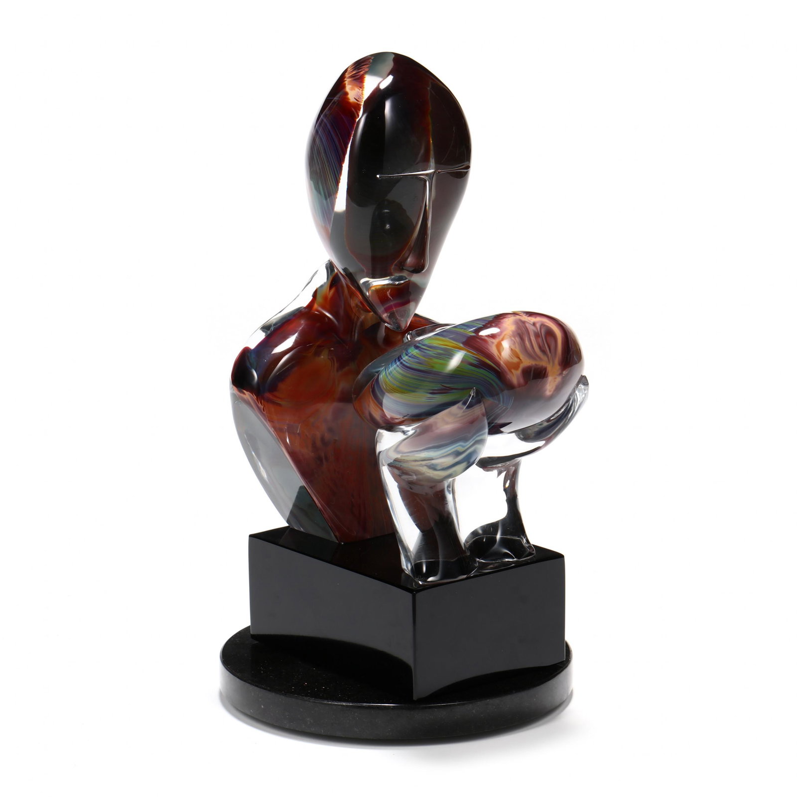 Dino Rosin (Italian, b.1948), Il Bacio (The Kiss),: Dino Rosin (Italian, b.1948), Il Bacio (The Kiss), Glass Sculpture late 20th century, clear and calcedonia glass worked free-hand on a punty, mounted to a black glass block signed on the back edge, wi