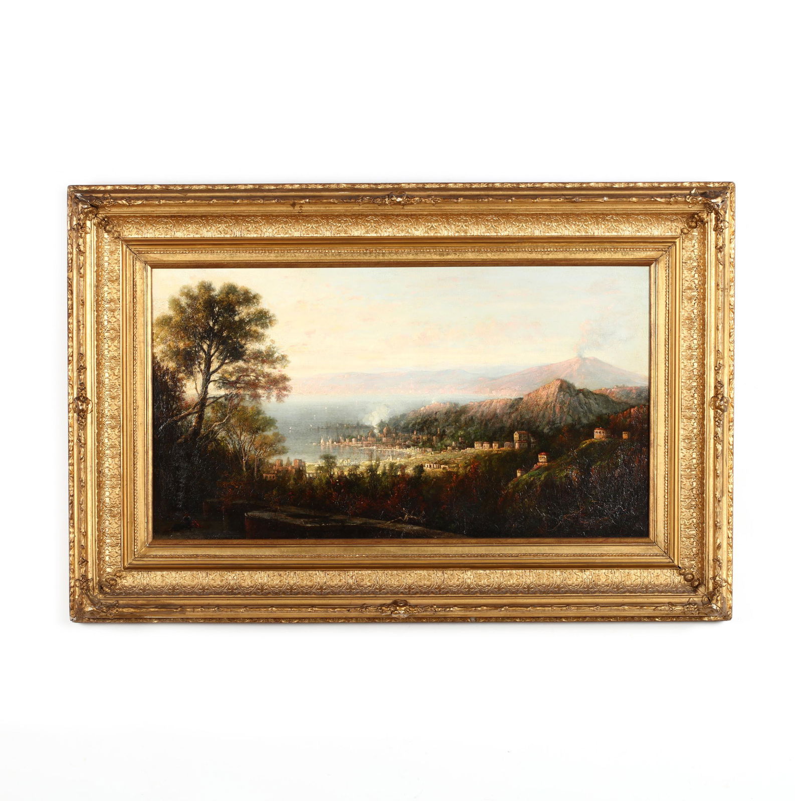 George Loring Brown (MA/NH, 1814-1889), Sunrise, Bay of: George Loring Brown (MA/NH, 1814-1889), Sunrise, Bay of Naplesoil on canvas (lined), signed and dated 1875 at lower left, presented in a period gilt composition frame. SS 15.5 x 28.25 in.; DOA 25 x 38