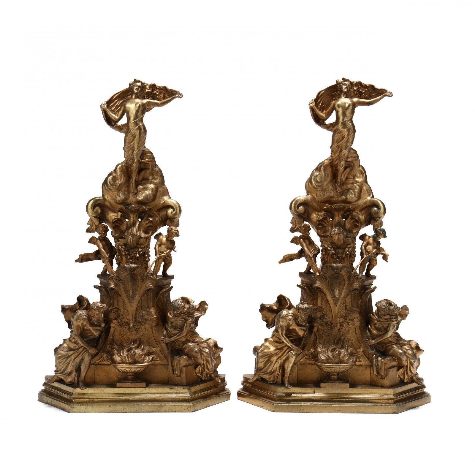 Pair of Large Italian Gilt Bronze Figural Andirons: Pair of Large Italian Gilt Bronze Figural Andirons circa 1875, each with female figure perched atop plinth, putti, pulling on ribbons surmount seated classical male and female figures bent over a sacr