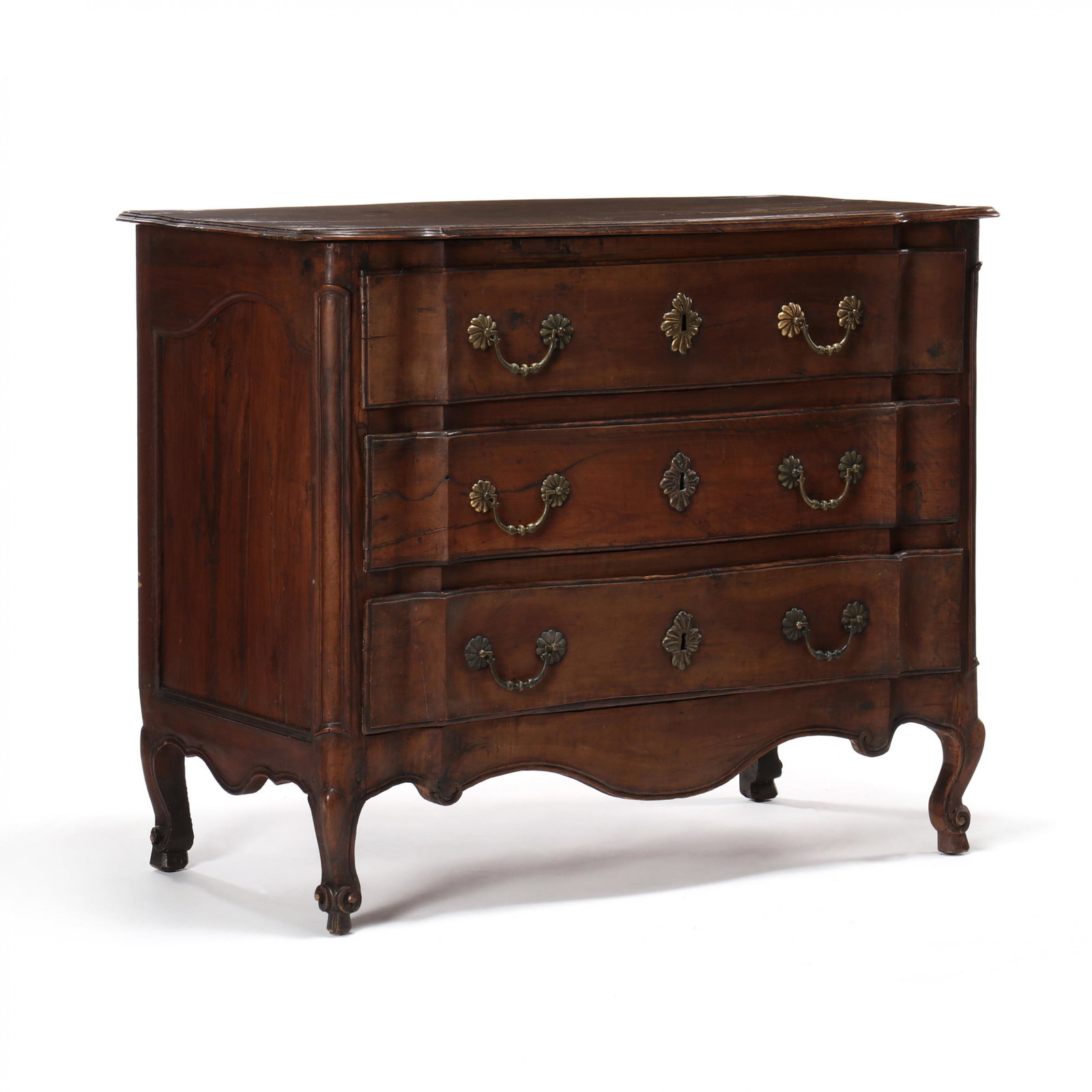 Louis XV Carved Fruitwood Commode: Louis XV Carved Fruitwood Commode mid 18th century, pine secondary, rectangular top with molded edge and shaped conforming slight serpentine front edge, three shaped and lipped long drawers, relief ca