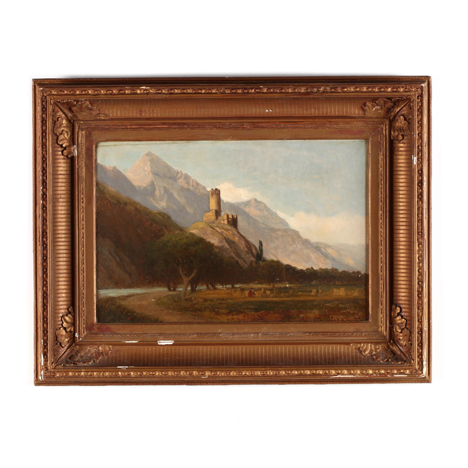 Samuel Lancaster Gerry (MA, 1813-1891), Landscape with: Samuel Lancaster Gerry (MA, 1813-1891), Landscape with Ruins oil on board, signed at lower right, presented in a period appropriate gilt composition frame. SS 9.75 x 14.75 in.; DOA 16.75 x 21.5 in. Ad