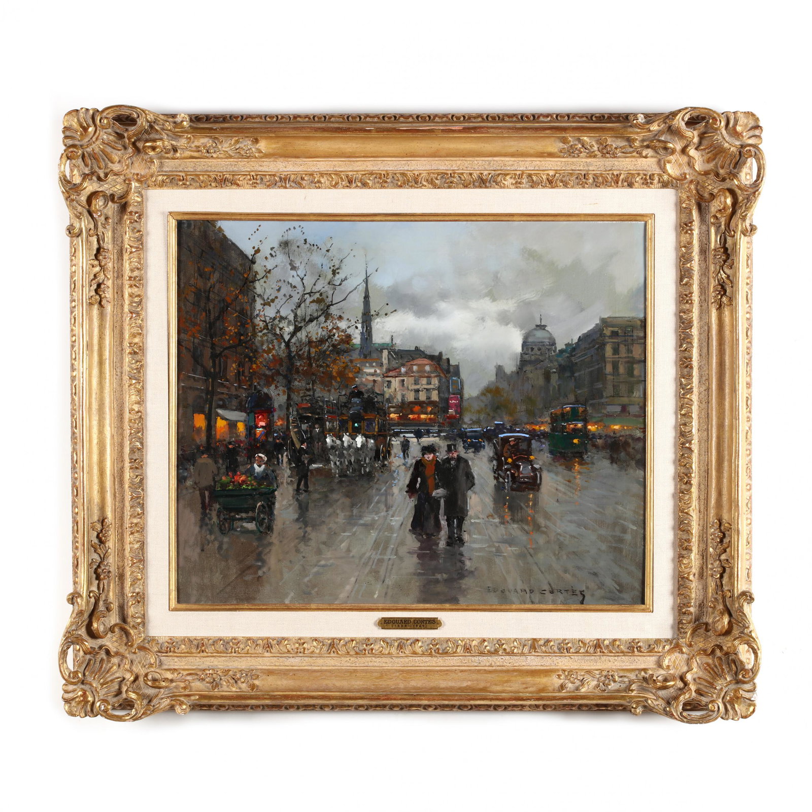 Edouard Cortes (French, 1884-1969), Place: Edouard Cortes (French, 1884-1969), Place Saint-Michel, Parisoil on canvas, signed at lower right, with original pinpoint hole for vanishing spot, presented in a gilt composition frame with linen line