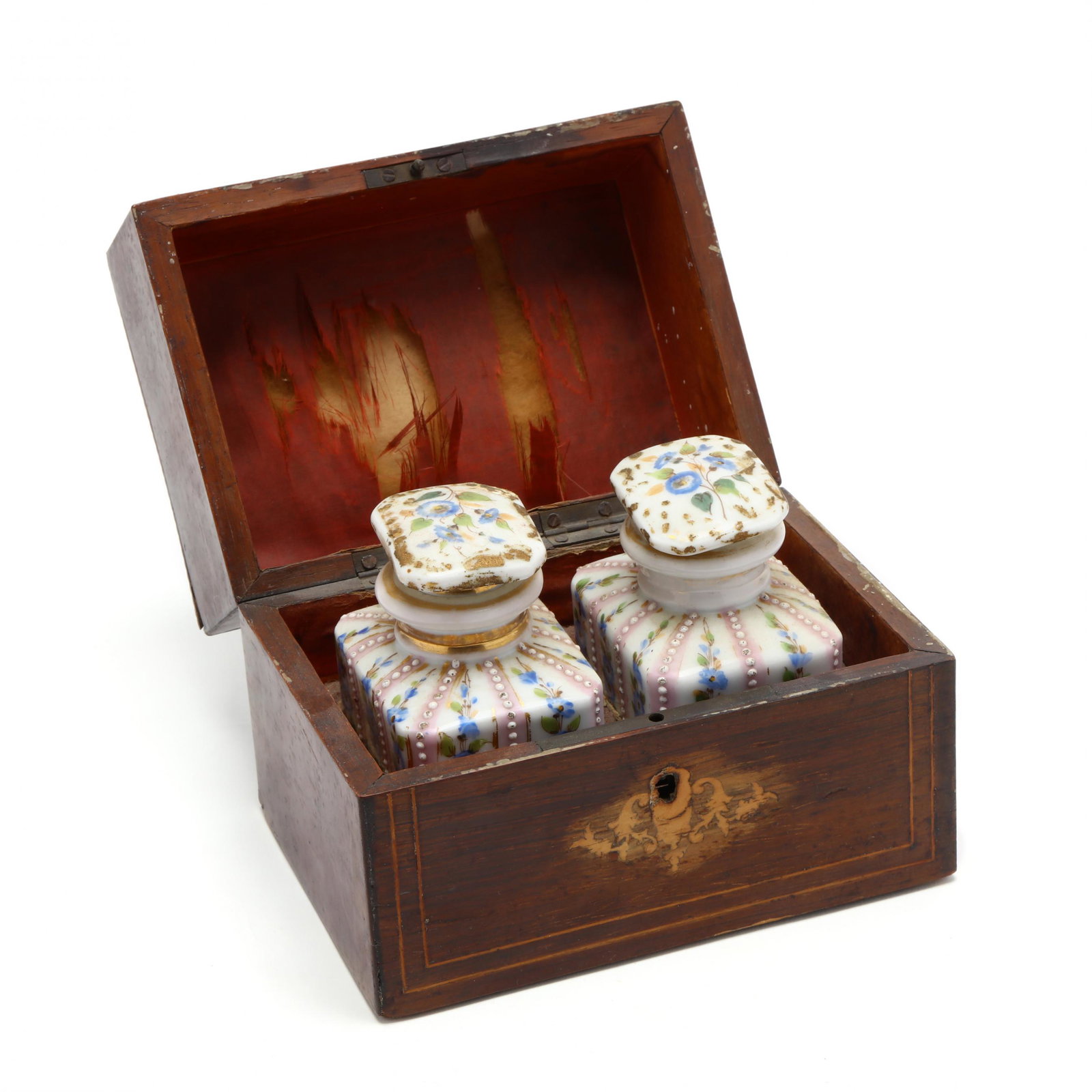 Inlaid French Tea Caddy with Two Lidded Jars: Inlaid French Tea Caddy with Two Lidded Jars first half 19th century, mixed wood case, the hinged lid inlaid "ThÃ©", the divided interior holds two porcelain stoppered caddies. 5 x 6.75 x 5.75 in. F