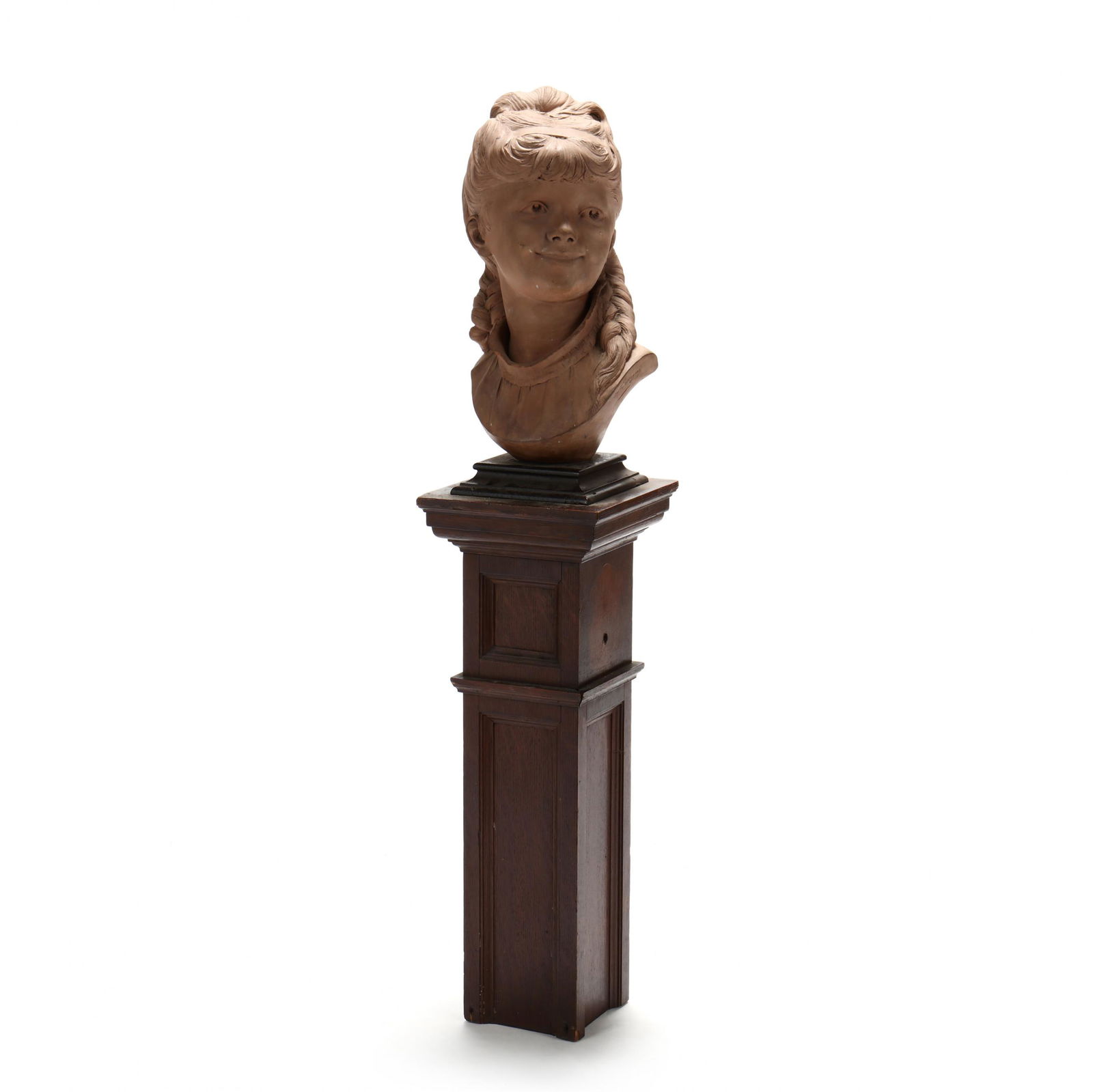 Adolphe Jean Lavergne (French, 1852-1901), Bust of a: Adolphe Jean Lavergne (French, 1852-1901), Bust of a Young Girllate 19th century, affixed to an oak plinth, signed. DOA 37 x 8 x 8 in. Additional high-resolution photos are available at LelandLittle.
