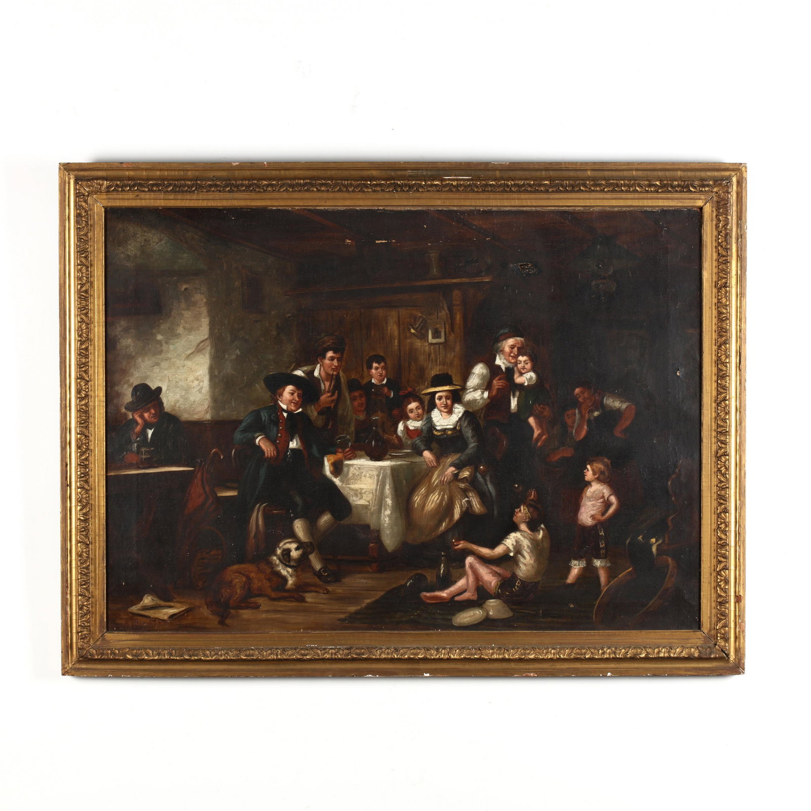 An Antique Continental School Genre Scene with Juggler: An Antique Continental School Genre Scene with Juggler oil on canvas, signed at lower left, presented in a period gilt frame. DOA 36 x 47.5 in. Additional high-resolution photos are available at Lelan
