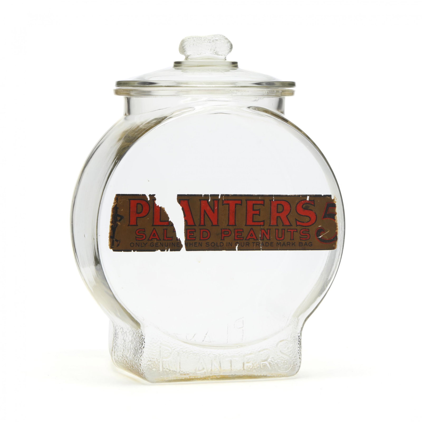 Vintage Planters Peanuts Counter Top Jar: Vintage Planters Peanuts Counter Top Jar early 20th century, with remnants of original decal, pressed lettering to lid and sides of jar. 13 in. Additional high-resolution photos are available at Lelan