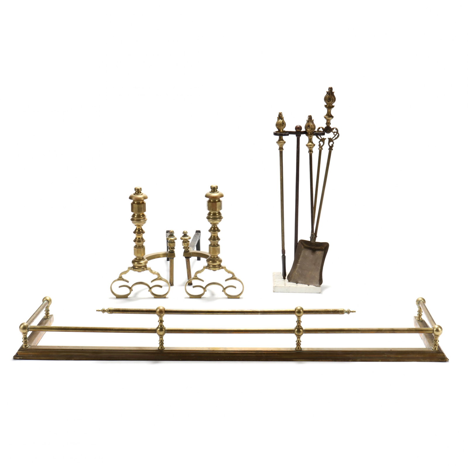 Vintage Assembled Fireplace Set: Vintage Assembled Fireplace Set early to mid 20th century, including a pair of Chippendale style andirons, fire fender, and three piece tool set with marble base stand. Fender 7 x 56 x 15 in. Addition