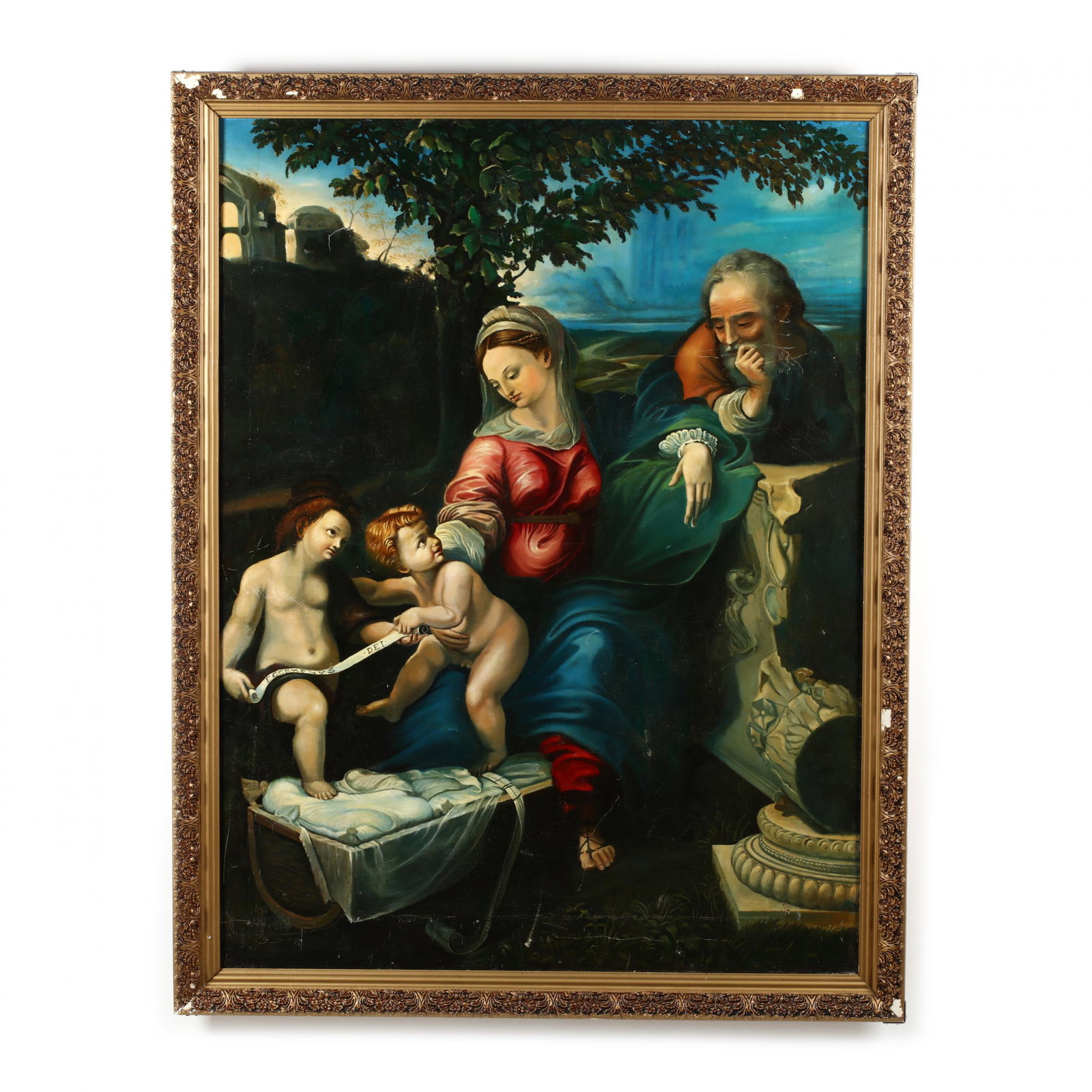 The Holy Family under an Oak Tree after Raphael: The Holy Family under an Oak Tree after Raphael oil on canvas, unsigned, second half of the 20th century, presented in a gilt frame. DOA 62.25 x 48.25 in The original painting by Raphael is in the col