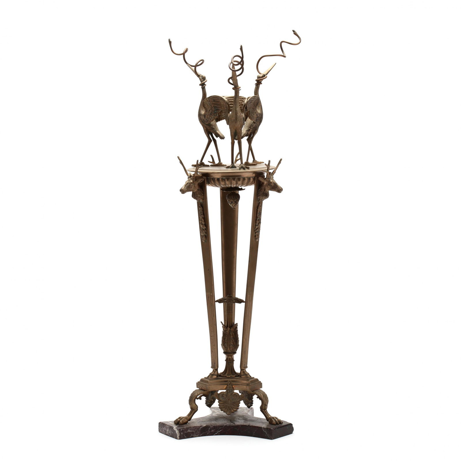 Fanciful Tall Brass Stand for Candle or Oil Lighting: Fanciful Tall Brass Stand for Candle or Oil Lighting a three-pronged red marble base anchors a claw-foot tripod which is topped with three stag heads supporting a round platform upon which stand three