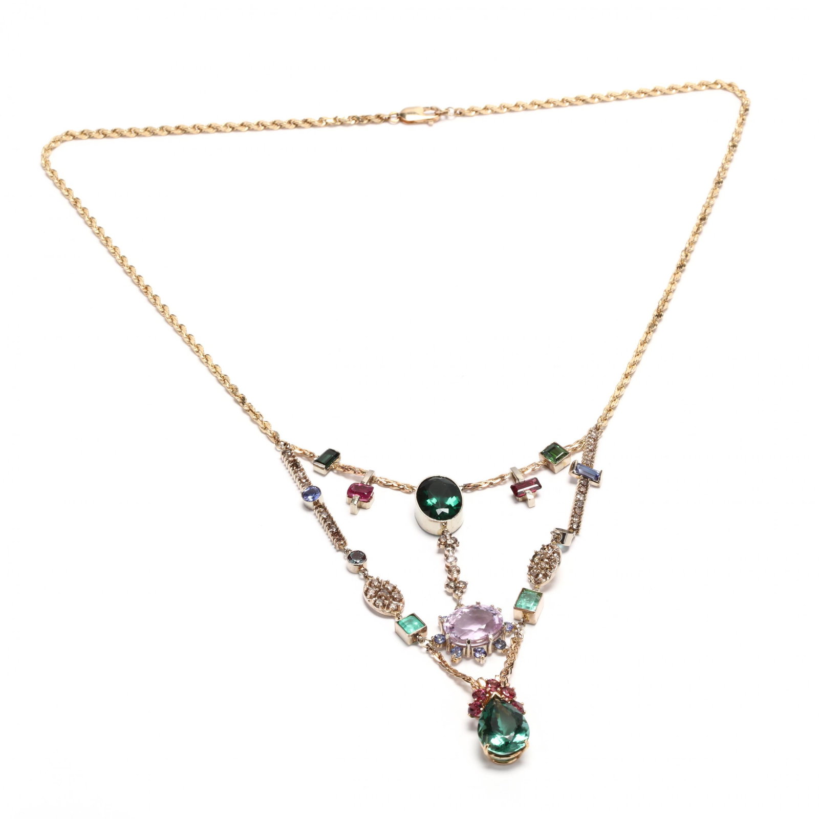 14KT Gold and Multi-Gemstone Necklace: 14KT Gold and Multi-Gemstone Necklace the stylized festoon necklace in a rainbow of color and with an inner strand featuring a bezel set oval faceted green quartz (16.6 x 12.30 x 7.41mm) surmounting a