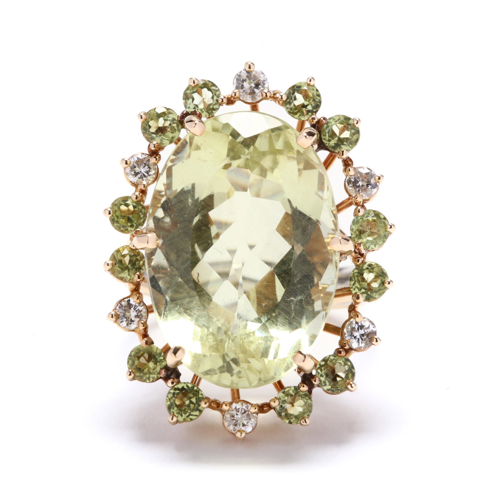 Gold, Beryl, and Gem-Set Ring: Gold, Beryl, and Gem-Set Ring the oval cut beryl (22 x 15.3 x 10.96mm) weighing approximately 19.77 carats prong set and surrounded by an alternating pattern of full cut round diamonds weighing approx