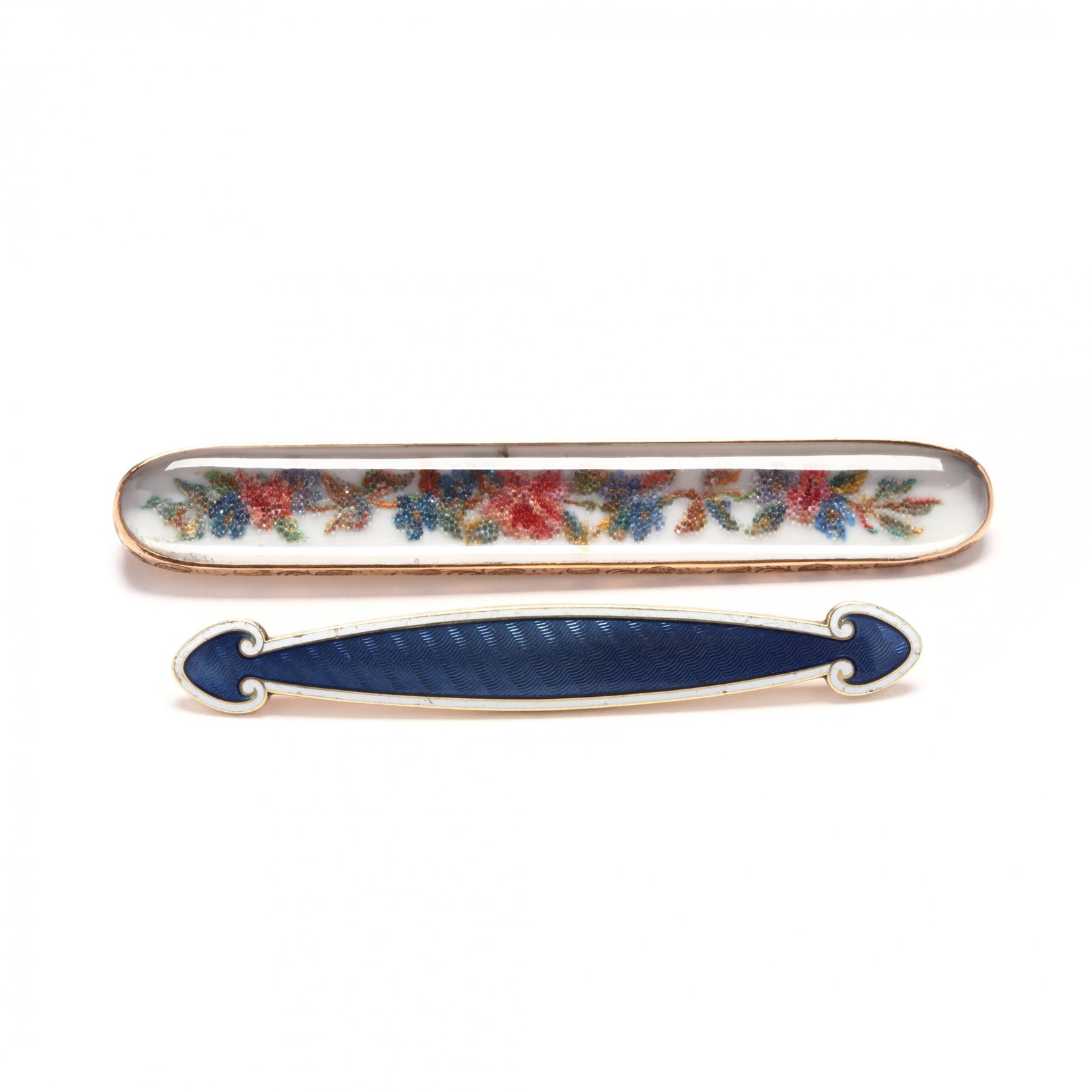 Two Vintage Gold Bar Brooches: Two Vintage Gold Bar Brooches the first with white ground and a multi-color floral motif, reverse engraved "Guilbert 20" and testing 14KT (3 in.); the second with blue guilloche enamel ground and defi