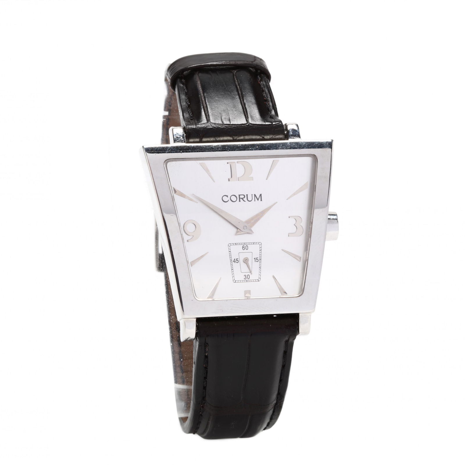 Stainless Steel "Trapeze" Watch, Corum: Stainless Steel "Trapeze" Watch, Corumquartz, the stainless steel case with silver tone dial, with Arabic and stick hour markers and subsidiary seconds dial, completed with black leather strap band an