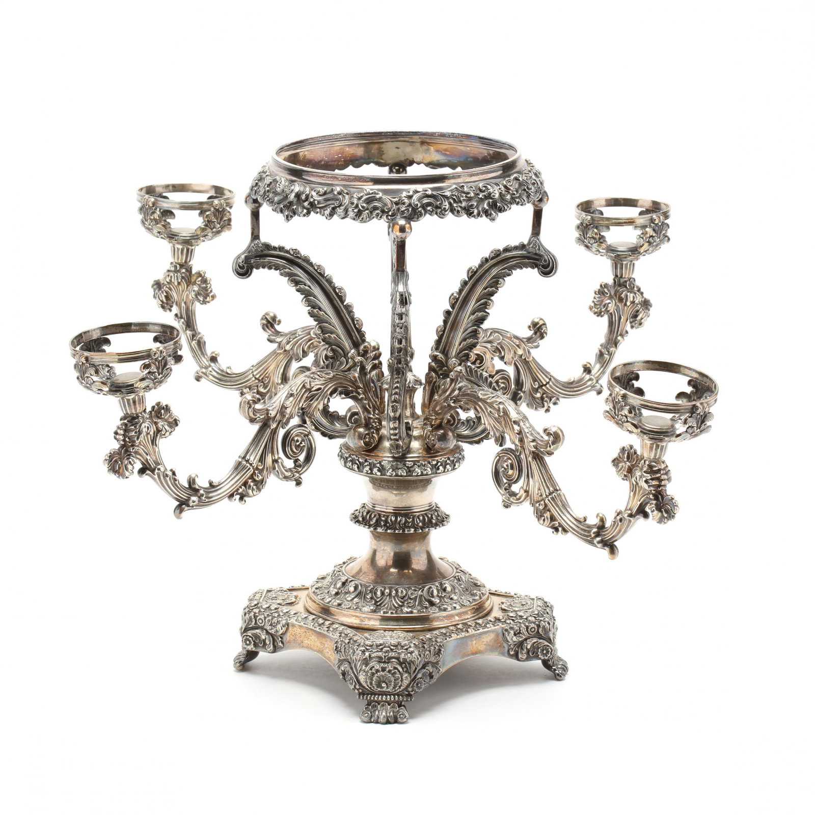 Old Sheffield Plate Epergne: Old Sheffield Plate Epergne 19th century, unmarked, very fine example with bold acanthus and shell motif, four removable arms surround a central standard, no glass bowls. 14 3/8 x 22.5 in. diameter Pr