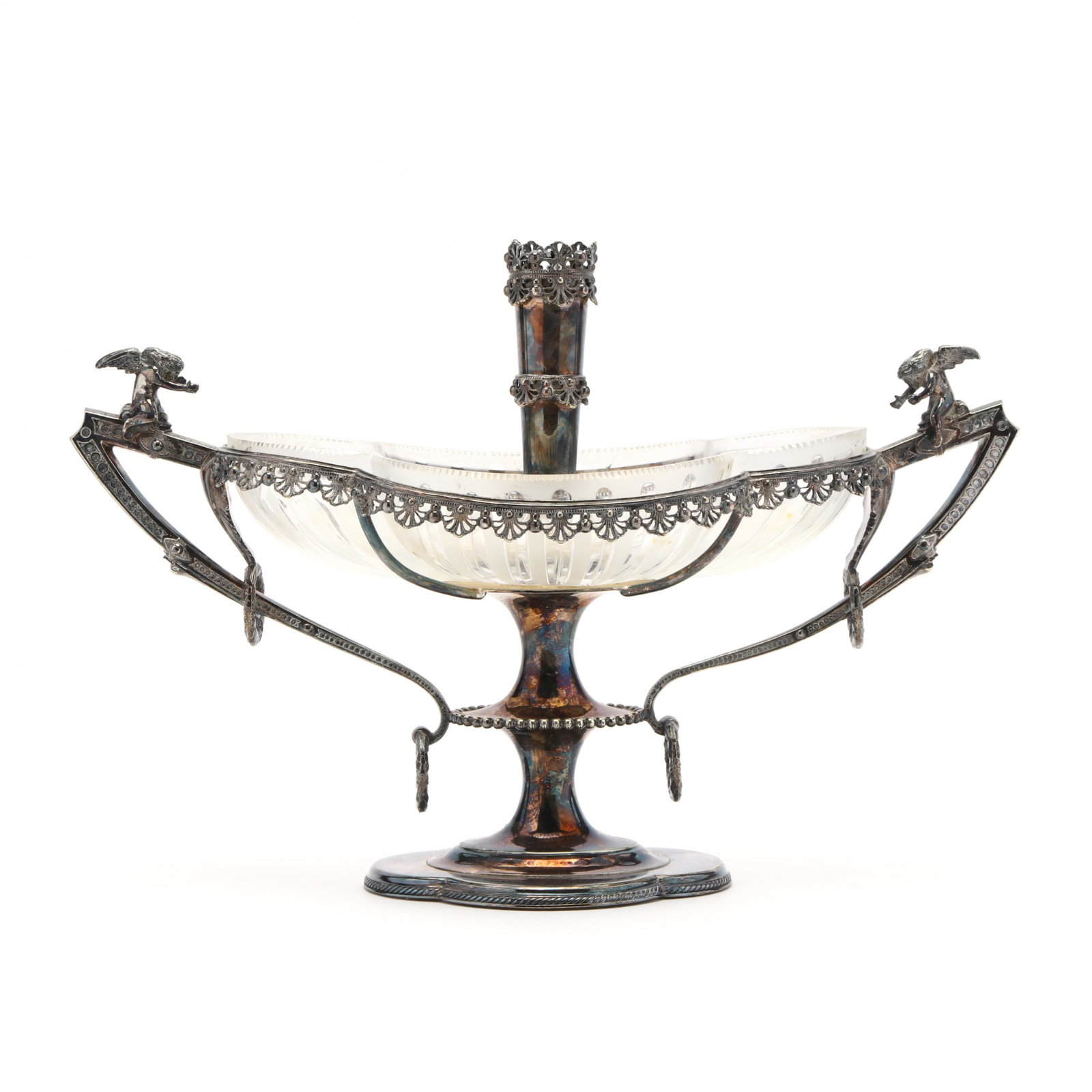 Edwardian Silverplate Centerpiece by Walker & Hall: Edwardian Silverplate Centerpiece by Walker & Hall circa 1903, frosted and cut glass bowl held atop a tall baluster form stand, flanked by two handles capped by cupids, and with central vase, no monog