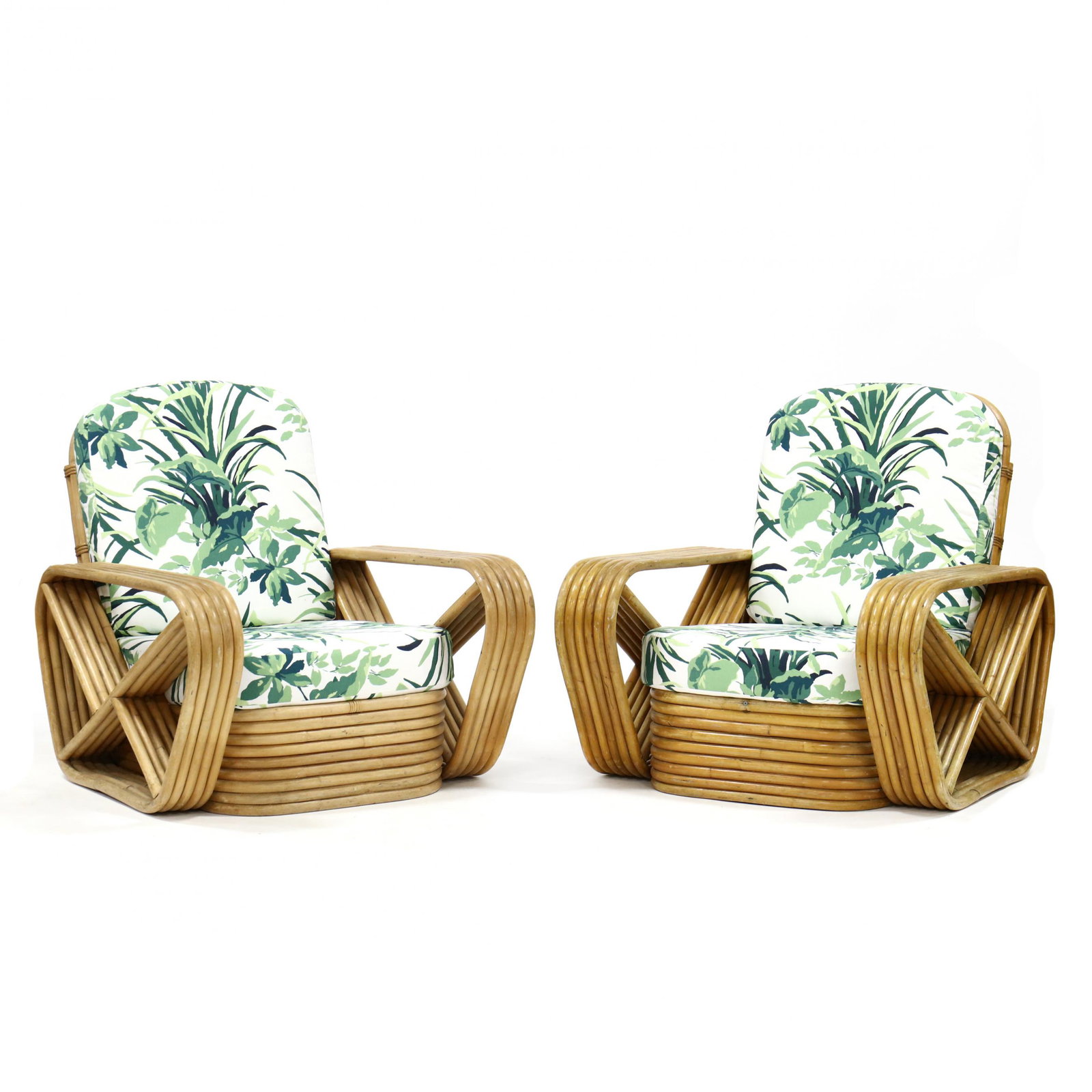 att. Paul Frankl, Pair of Rattan Armchairs: att. Paul Frankl, Pair of Rattan Armchairs 1960s, pretzel-form arm, with Madcap Cottage upholstered cushions. 32 x 33 x 34 in. Curated selections for the eclectic modern home from Madcap Cottage, High