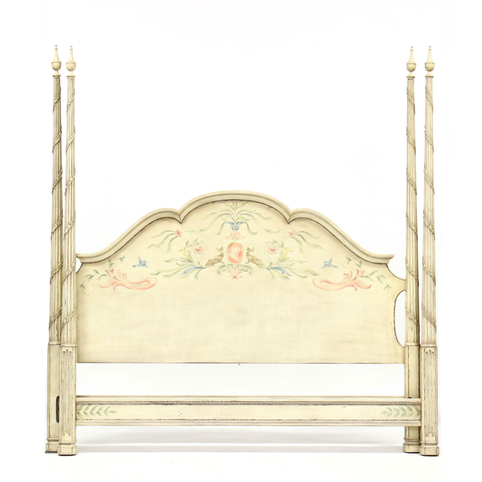 Karges, Italianate King Size Painted Tall Post Bed: Karges, Italianate King Size Painted Tall Post Bedlate 20th century, carved and painted wood with distressed finish, with bound reeded posts, with cameo decorated headboard with painted wood rails, la