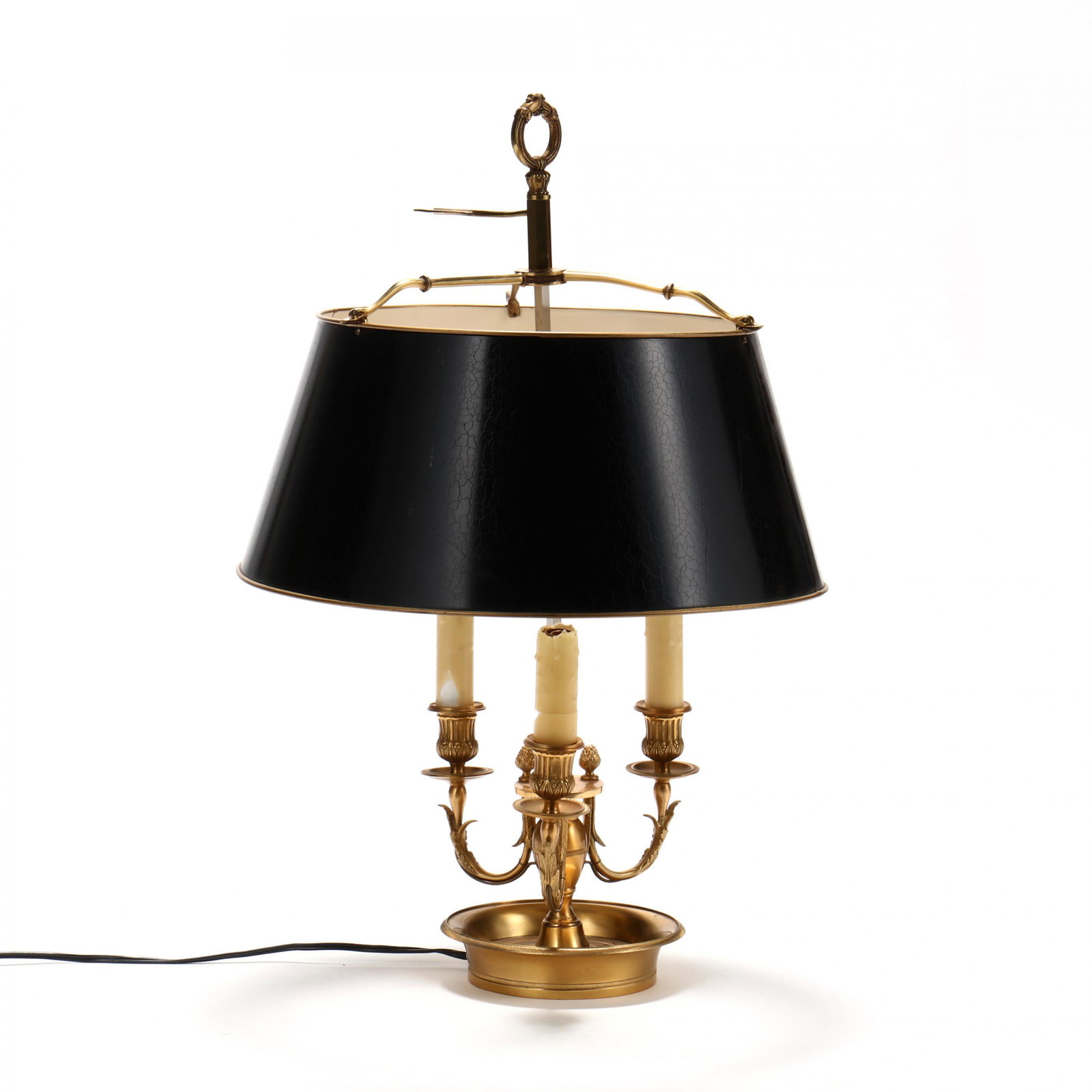 French Bouillotte Table Lamp, Charles Maison: French Bouillotte Table Lamp, Charles Maison mid 20th century, three light form, finely cast brass, adjustable role shade, foliage arms with artichoke finials, marked to lower finial plate "Charles, M