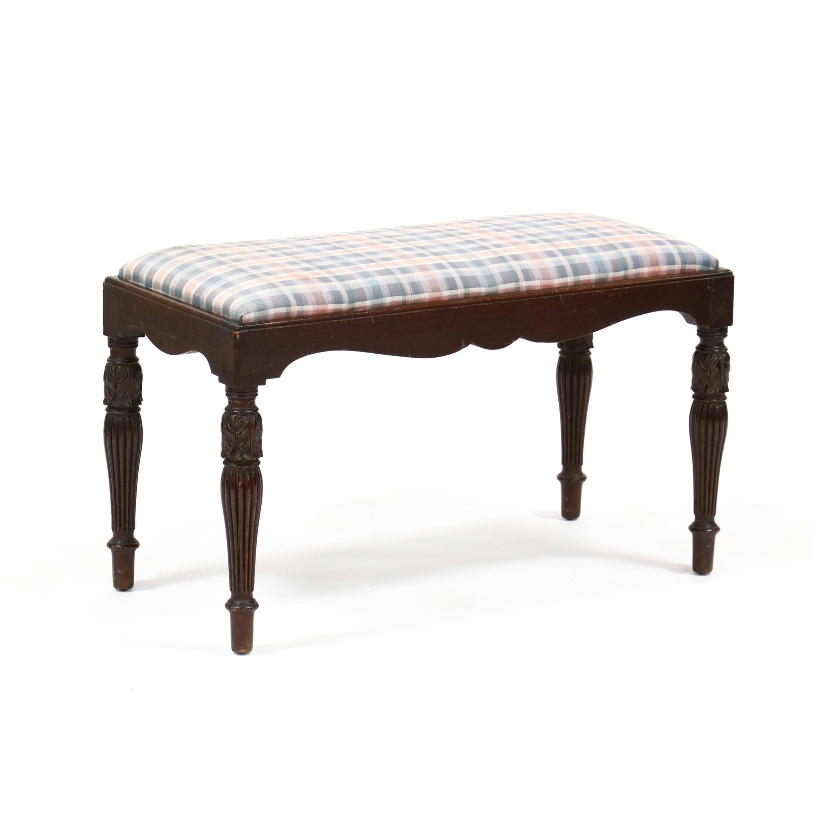 Potthast Bros., Carved Mahogany Bench: Potthast Bros., Carved Mahogany Bench Baltimore, early 20h century, upholstered slip seat, on acanthus carved and reeded legs, labeled. 18 x 32 x 15 in. Private Collection, Rome, GA Additional high-re