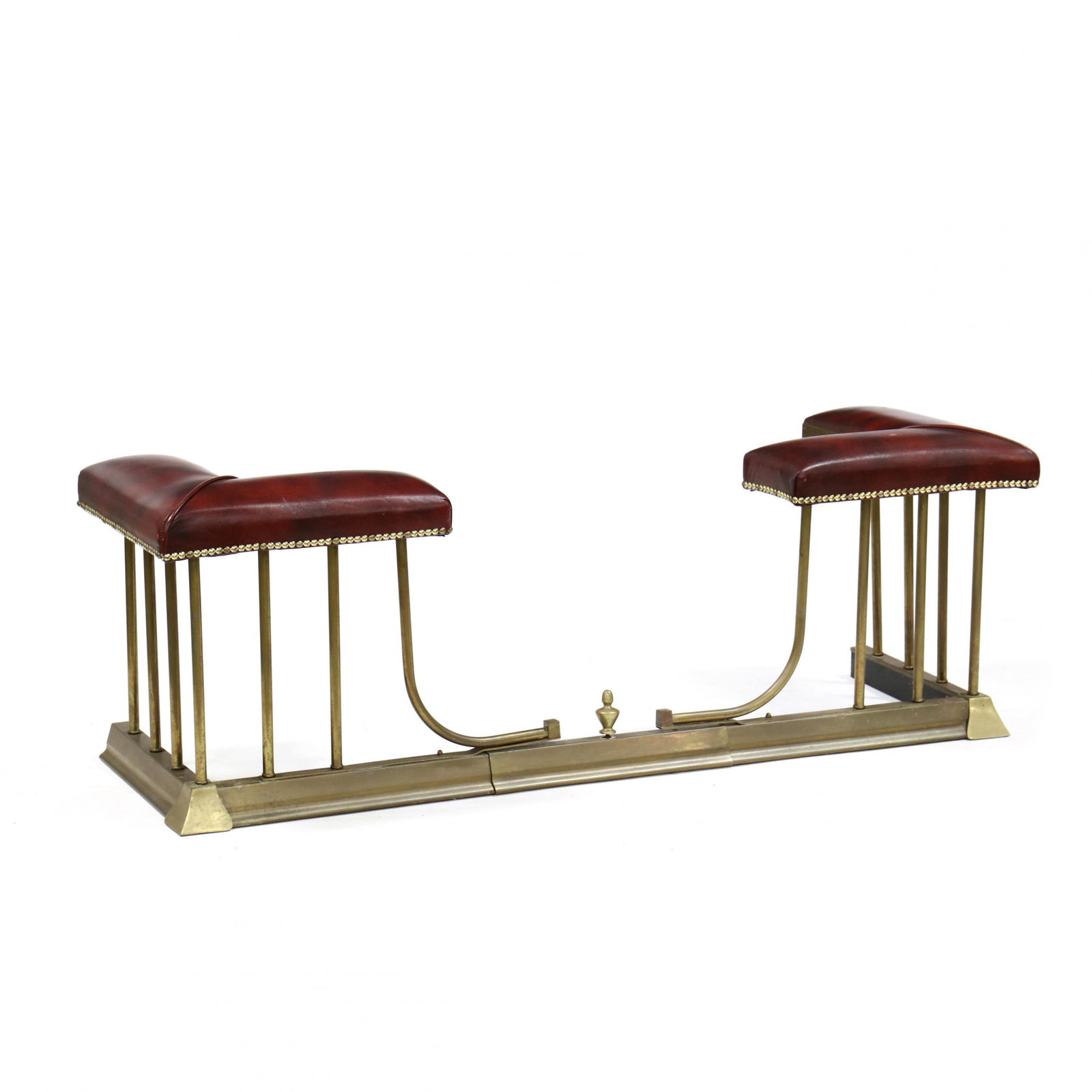 Vintage Adjustable Brass Club Fender: Vintage Adjustable Brass Club Fender mid 20th century, red naugahyde seat, with brass nailhead trim, on adjustable length base. 18 x 54 x 17 in. Private Collection, Rome, GA Additional high-resolution