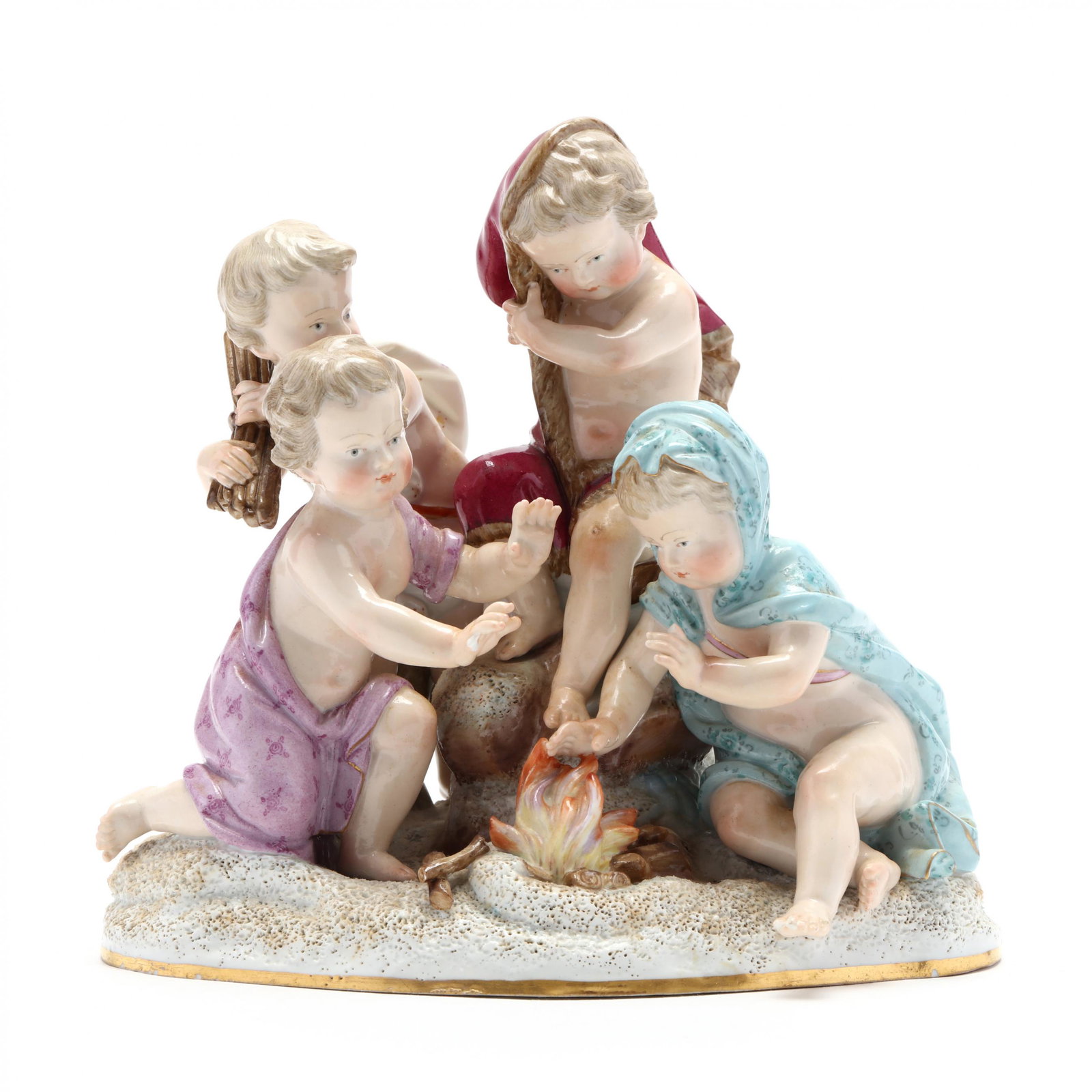 Meissen Figural Group, Allegory of Winter: Meissen Figural Group, Allegory of Winter circa 1870, Rococo style composition, model 2495, hand-painted with textured base, underglaze crossed swords, impressed and inscribed numbers. 7 x 6.75 in. Pr