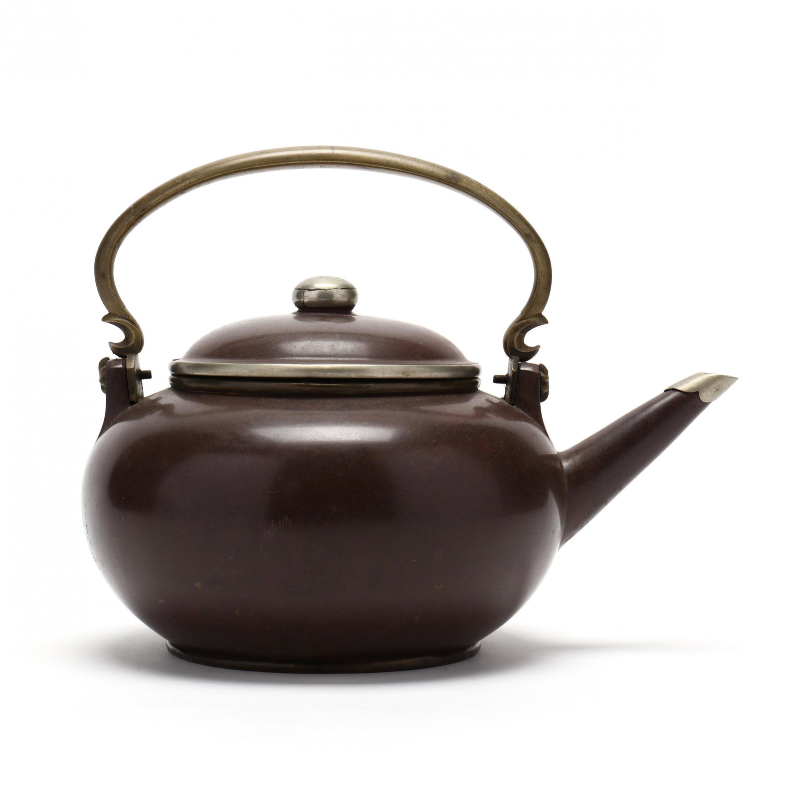 Chinese Polished Yixing Teapot with Metal Mounts: Chinese Polished Yixing Teapot with Metal Mounts 19th century, made for the Thai or Burmese markets, base stamped with a square retailerâ€™s or makerâ€™s mark bearing a rat beneath Thai scri