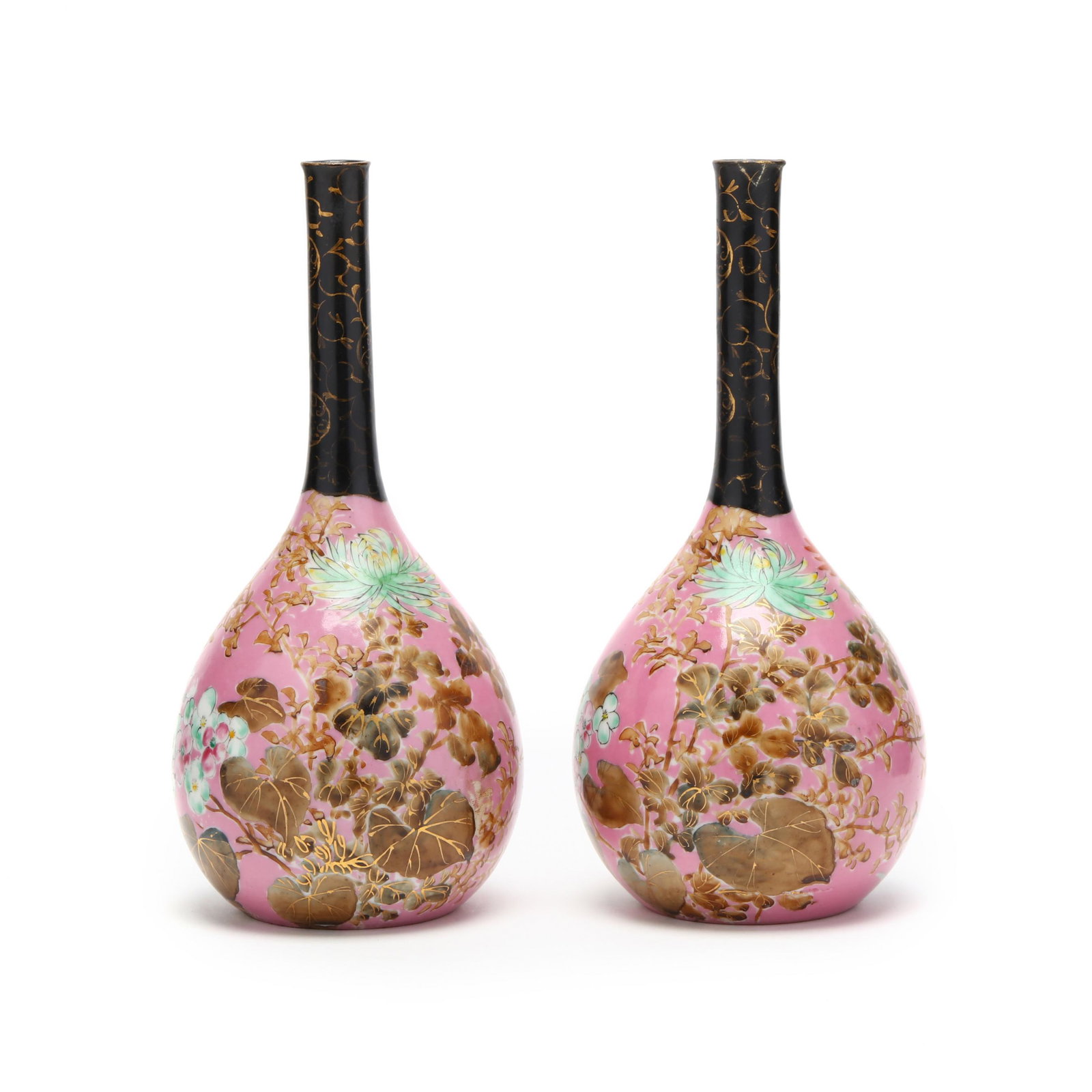 A Pair of Japanese Porcelain Bud Vases: A Pair of Japanese Porcelain Bud Vases Meiji period (1868-1912), porcelain bud vases with thin elegant neck with black glaze and hand painted in gilt peony blossom vines, lovely pink body with bluebir