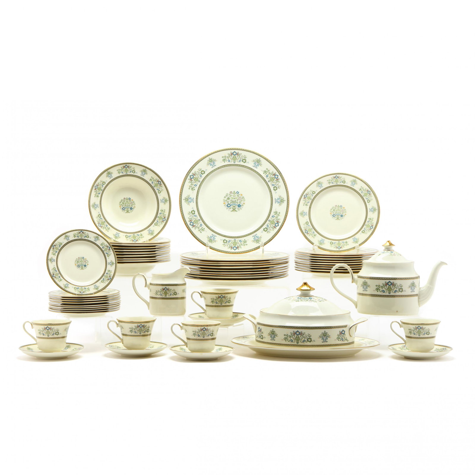 A (95) Piece Set of "Henley" Minton China: A (95) Piece Set of "Henley" Minton China to include: ten plates (10 5/8 in.); ten soup or cereal bowls; ten plates (7 7/8 in.); eleven berry bowls; ten side plates (6.5 in.); ten cups and eleven sauc