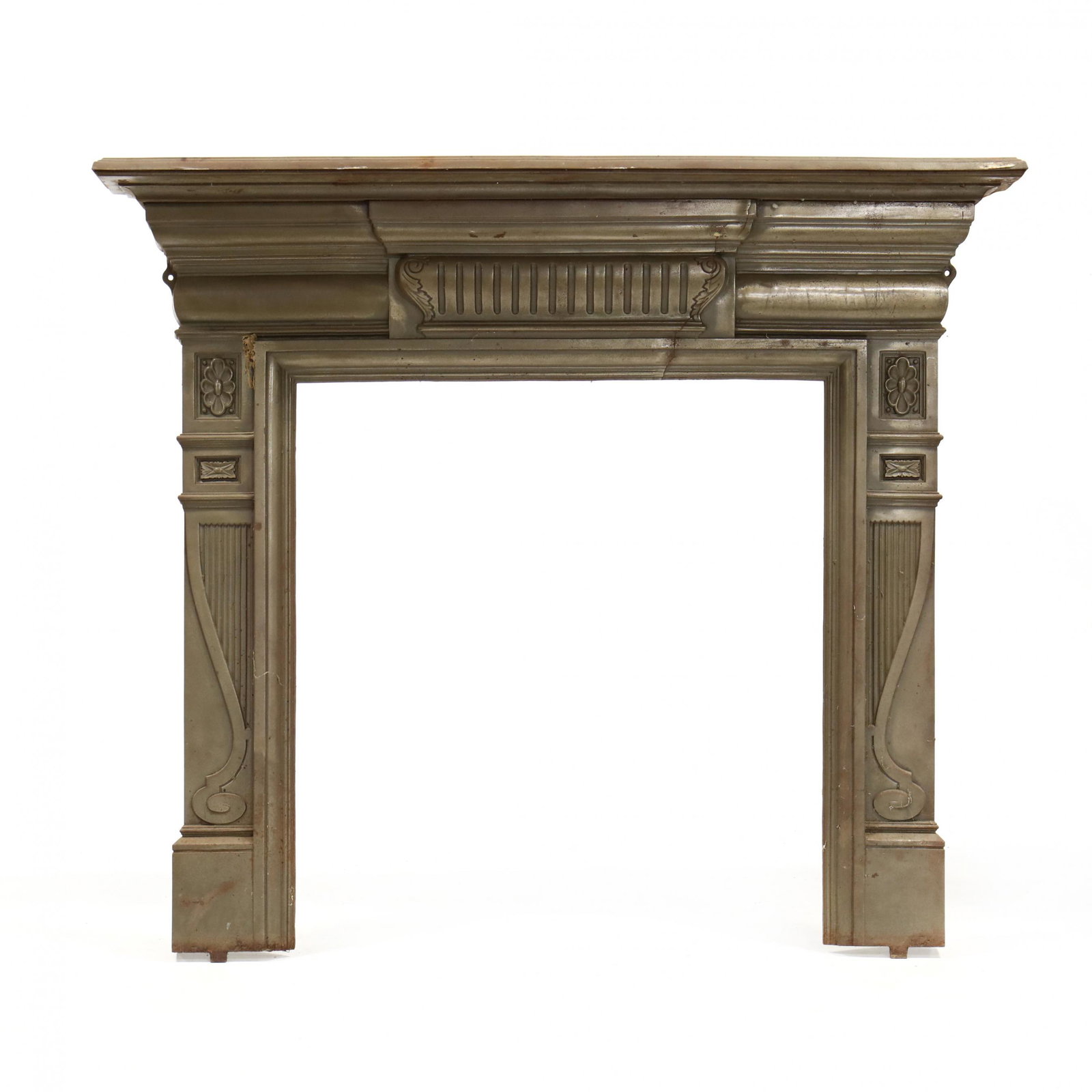 Antique Gilt Iron Mantel: Antique Gilt Iron Mantelcirca 1900, one-part form, classical style with relief decoration. DOA 52 x 60 x 10 in. Interior 37 x 34.75 in. Private Collection, Rome, GA Additional high-resolution photos a