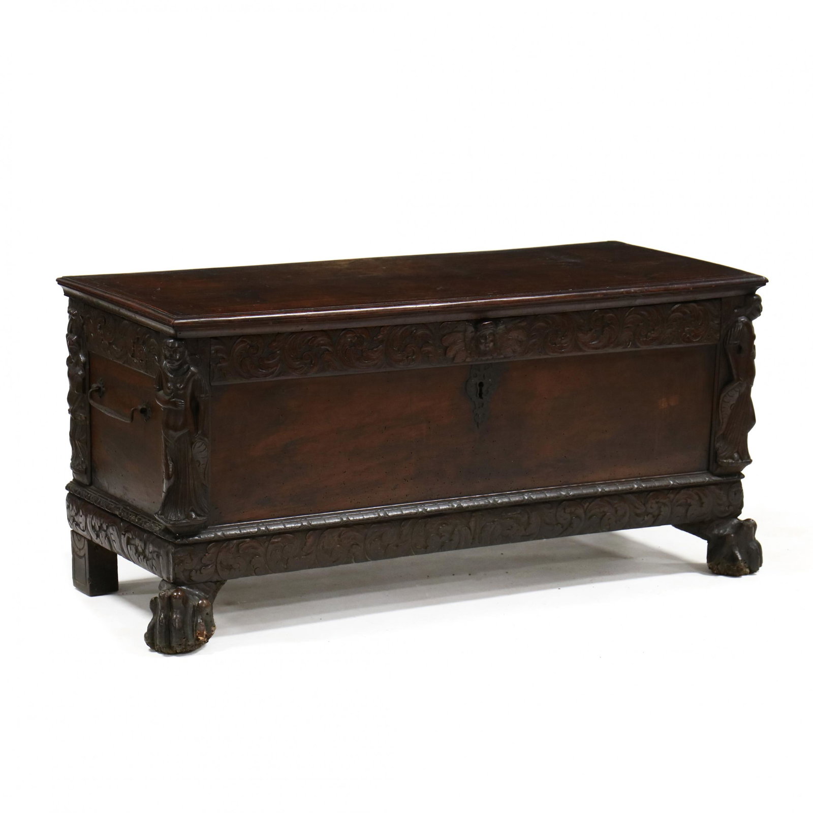 Antique Continental Walnut Blanket Chest: Antique Continental Walnut Blanket Chestearly 18th century, later hinged lid, interior with lidded till, dovetailed case with relief carving featuring figures, foliate scrolls, and masks, sides with i