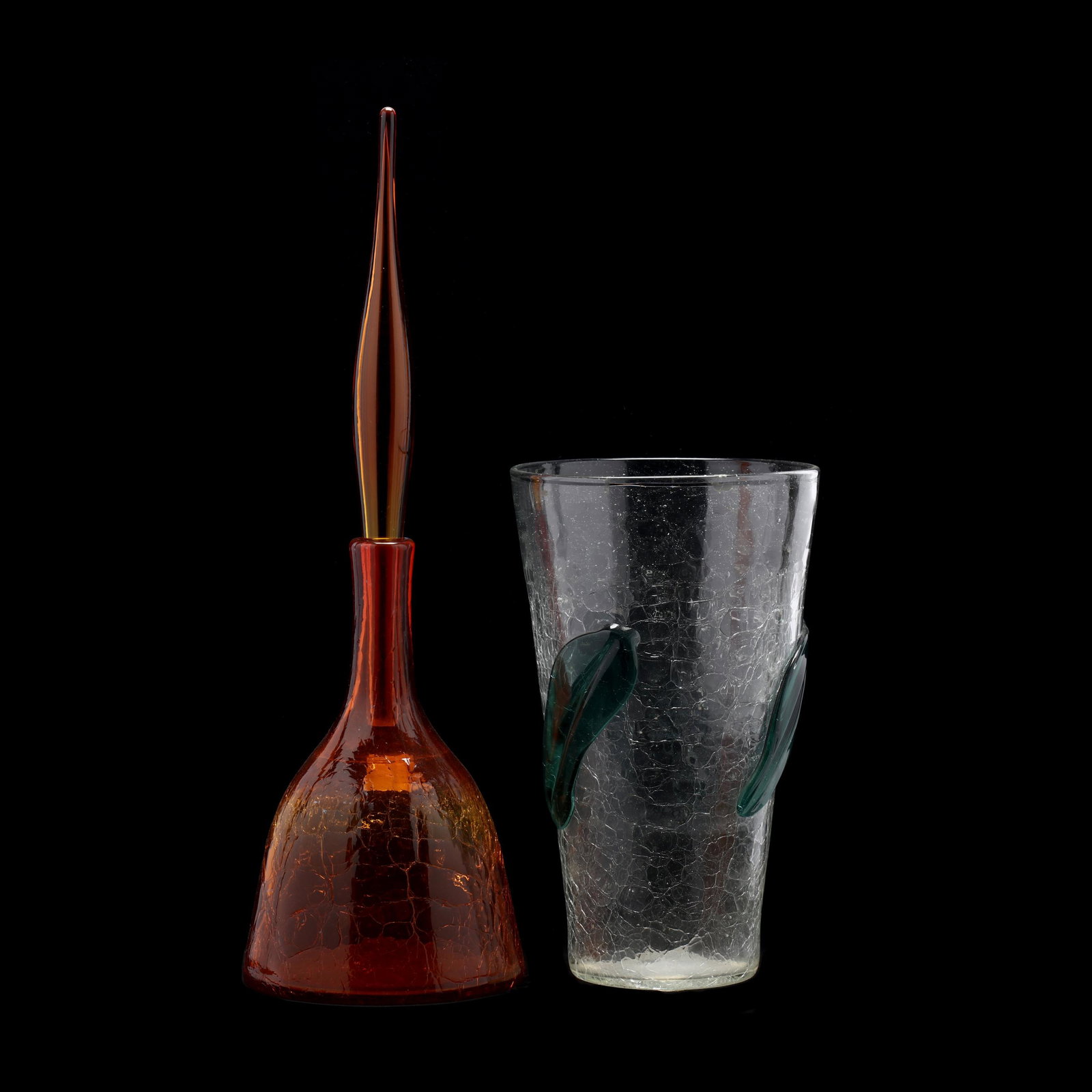 Two Large Pieces of Blenko Crackle Glass: Two Large Pieces of Blenko Crackle Glass 1960s, including a Wayne Husted model 6122 decanter with hollow stopper; and a tapered vase with applied leaves, unmarked. Taller 22 in. Additional high-resolu