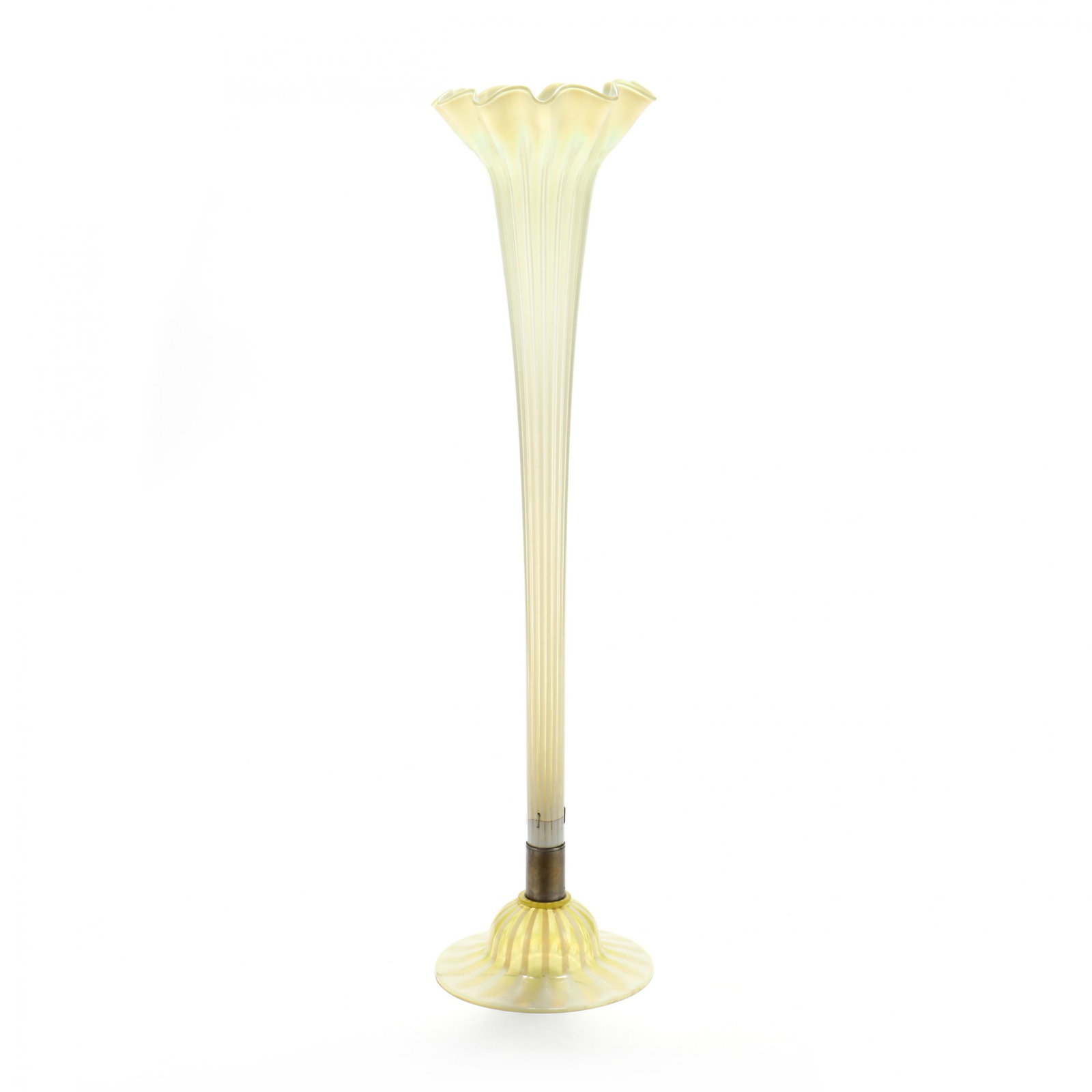 Monumental Blown Vaseline Glass Floor Vase: Monumental Blown Vaseline Glass Floor Vase early 20th century, tooled wavy rim with yellow and opalescent coloring tapering into a metal ferrule over a bell shaped foot, appears unmarked. 44.5 in. Col