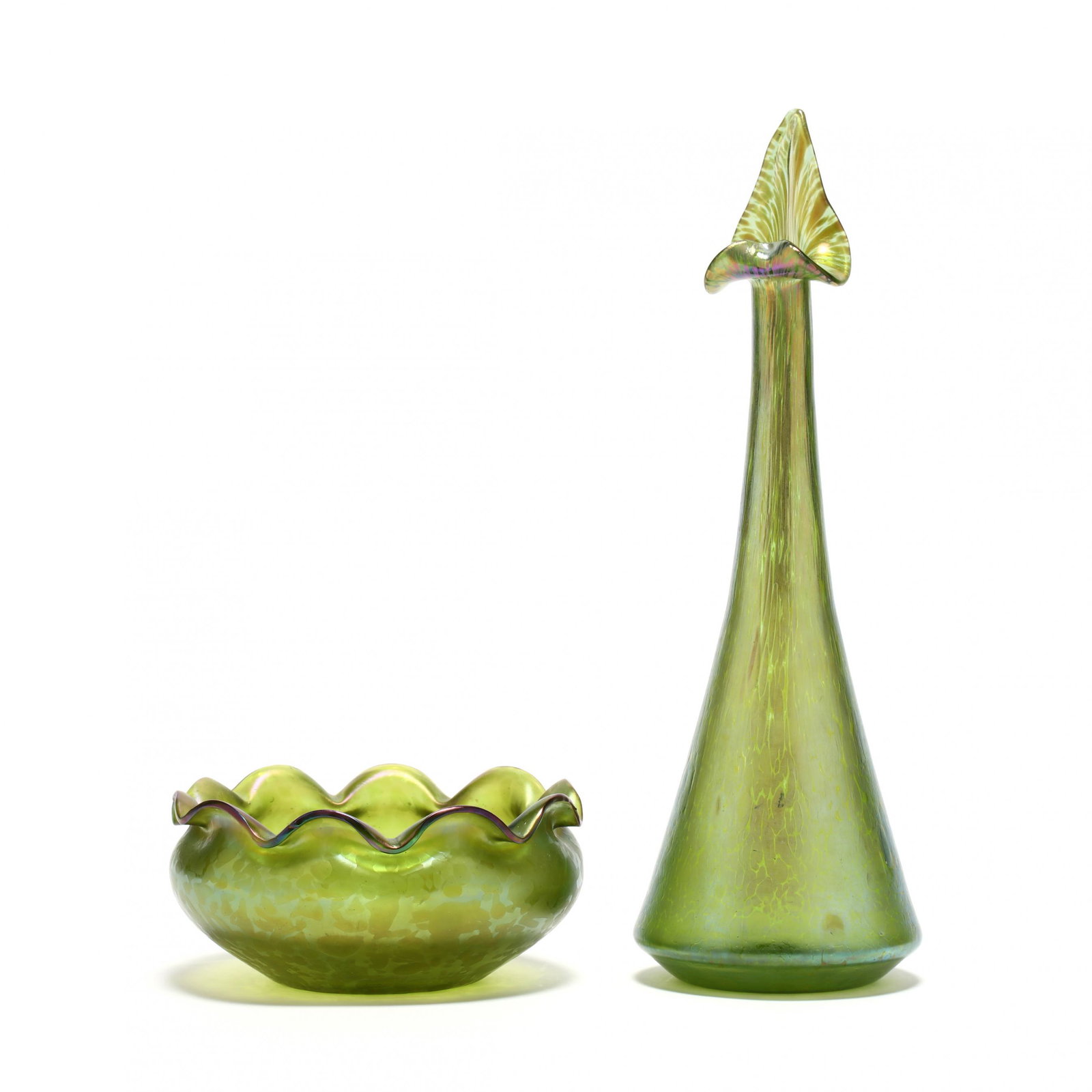 att. Loetz, "Crete Papillion" Gooseneck Vase and Bowl: att. Loetz, "Crete Papillion" Gooseneck Vase and Bowl circa 1910, blown green glass with a spotted iridescent decoration, polished pontil, unmarked. Heights 3 and 13.75 in. Collection of Arlene Weitma