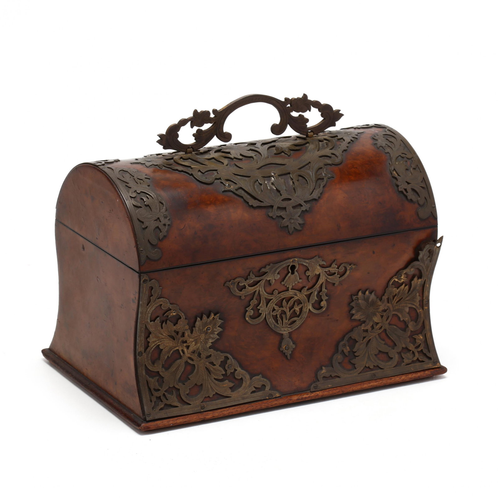 Antique English Ormolu Mounted Letter Box: Antique English Ormolu Mounted Letter Box 19th century, burl walnut veneered shaped case with intricate cut and chased ormolu mounts, divided interior with pink silk lining. 6.5 x 9.5 x 5.5 in. From a