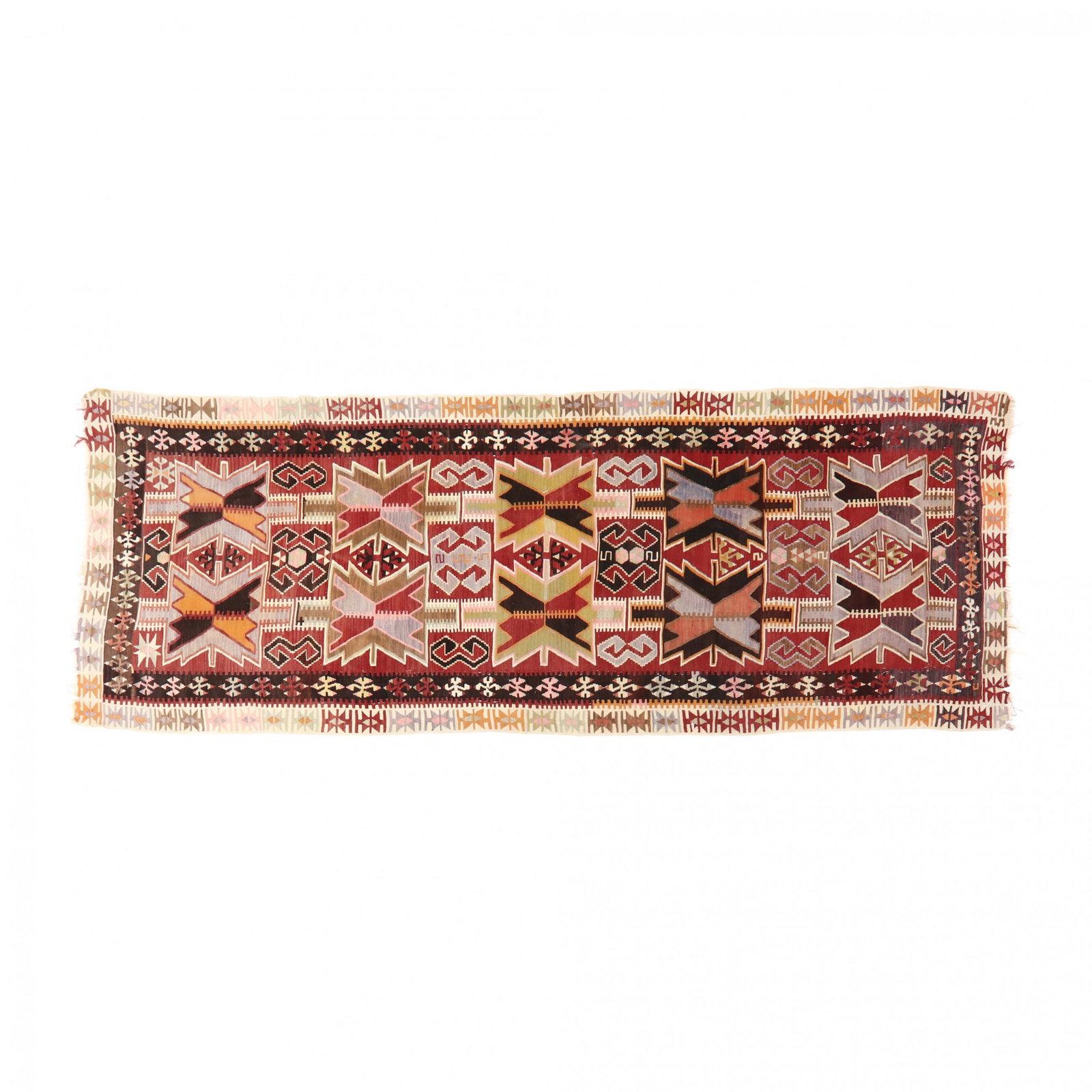 Flat Weave Area Rug: Flat Weave Area Rug red field with geometric motifs. 4 ft. 8 in. x 12 ft. 8 in. From the collection of Mr. Bob McKinnon, Newton, North Carolina Additional high-resolution photos are available at Lelan