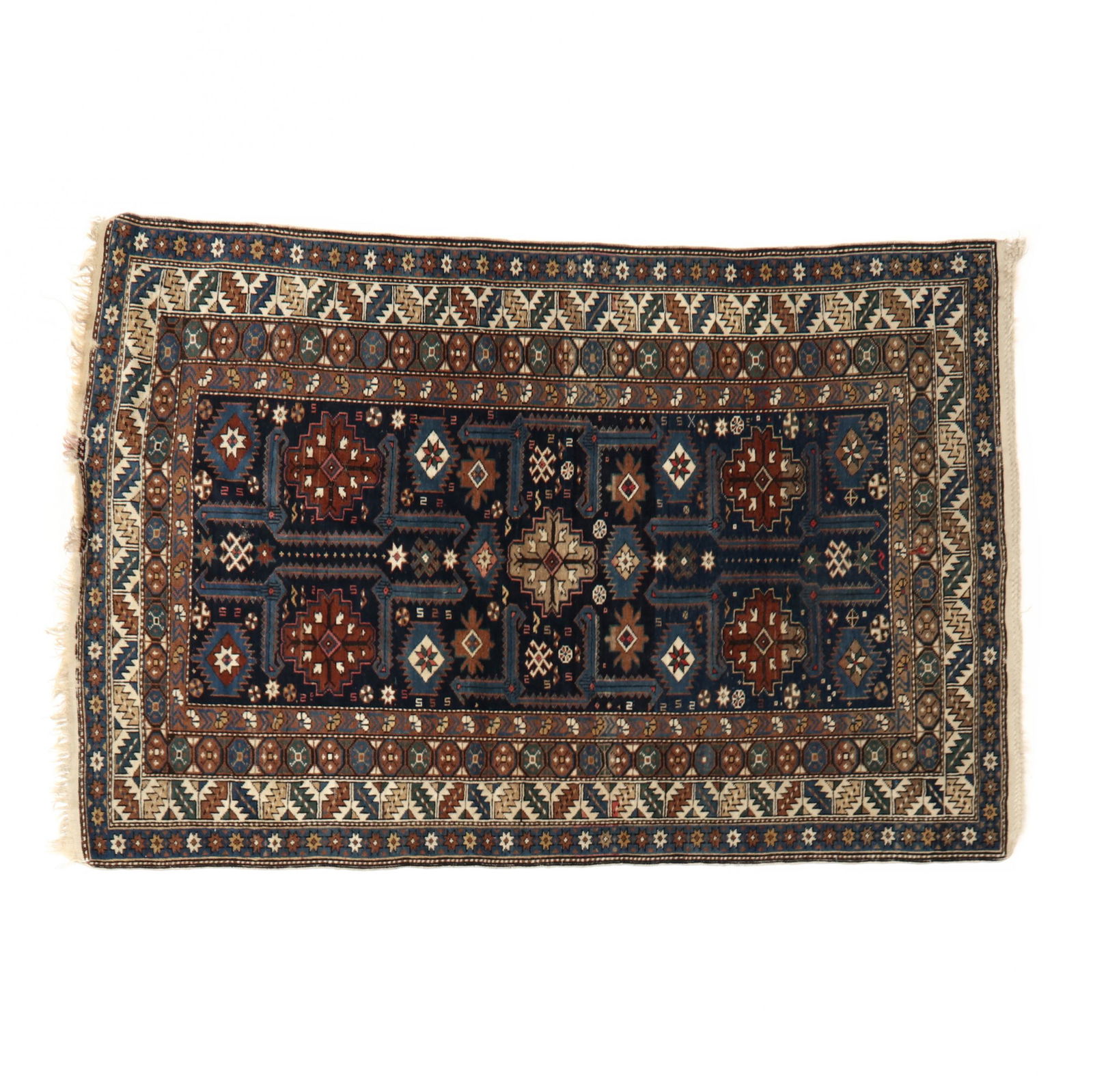 Shirvan Area Rug: Shirvan Area Rugblue field with five center medallions and repeating geometric motifs, multiple geometric borders. 3 ft. 9 in. x 5 ft. Additional high-resolution photos are available at LelandLittle.