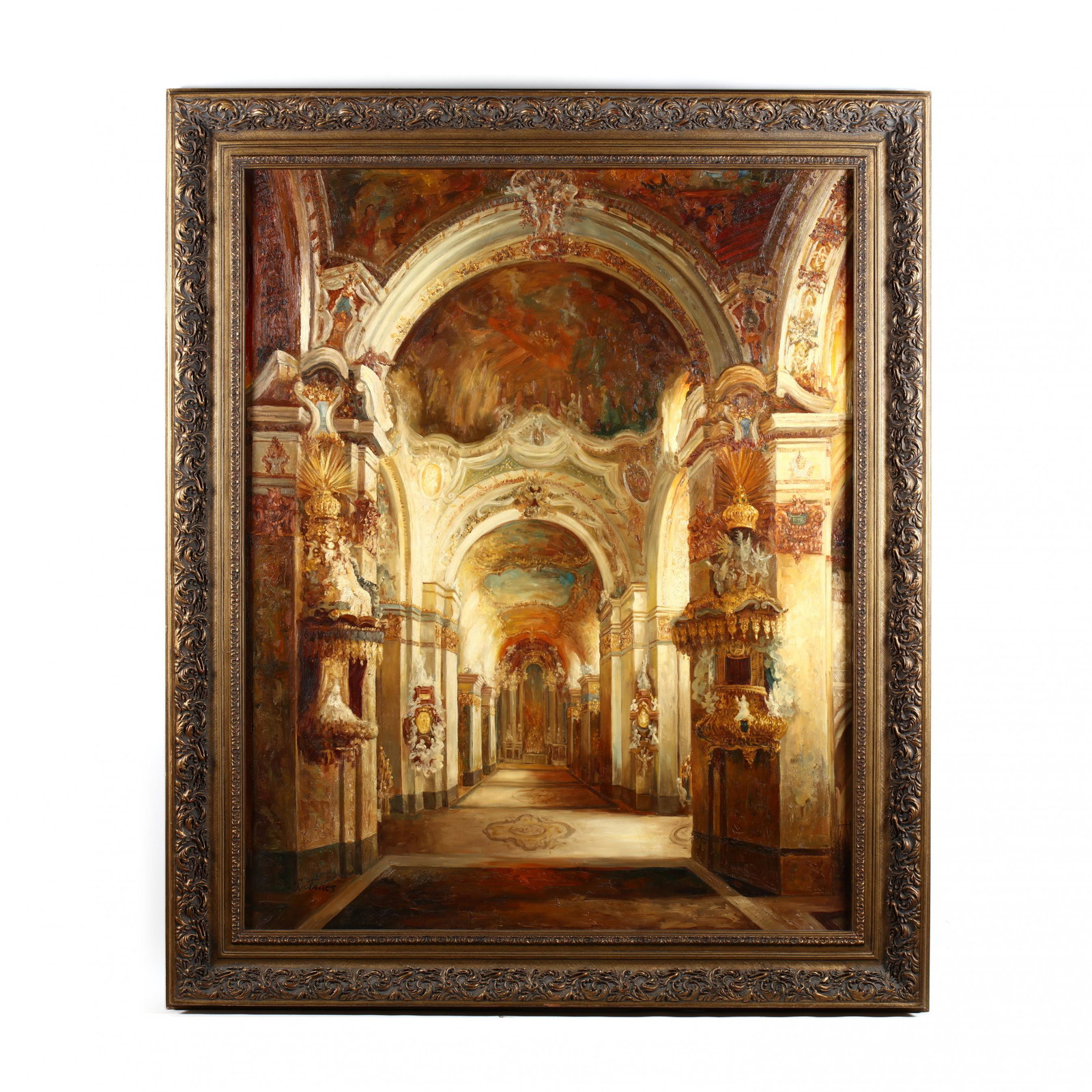 A Large Decorative Painting of a Baroque Cathedral: A Large Decorative Painting of a Baroque Cathedral Interior oil on canvas, signed "S. James" at lower left, late 20th century, presented in a gilt frame. DOA 72 x 58.5 in. Additional high-resolution p