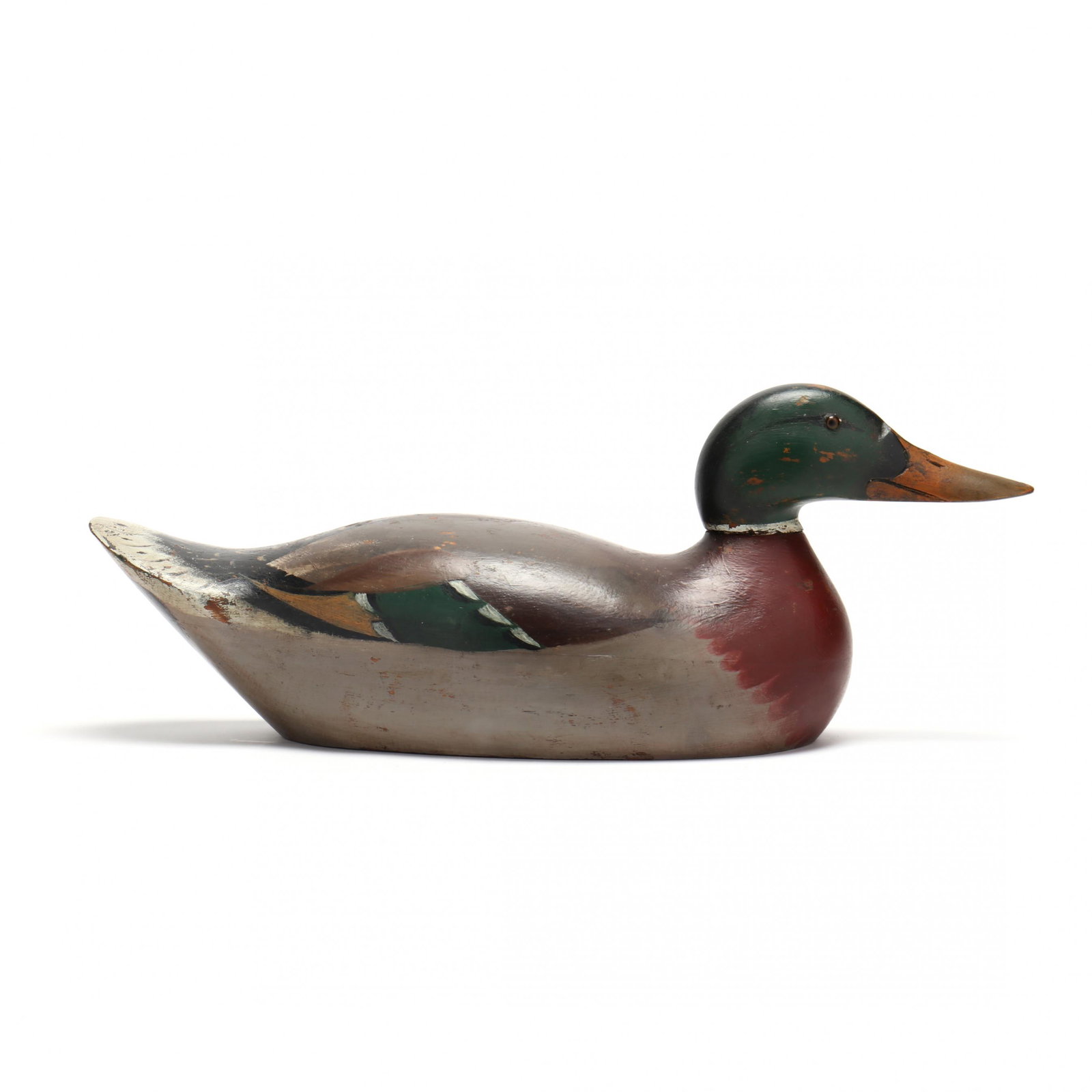 Mason Premier Mallard Drake Decoy: Mason Premier Mallard Drake Decoy circa 1900, hollow bodied, carved and painted wood, inset eyes, unmarked, retains a collection label for D. Slipp. 18 in. Additional high-resolution photos are availa