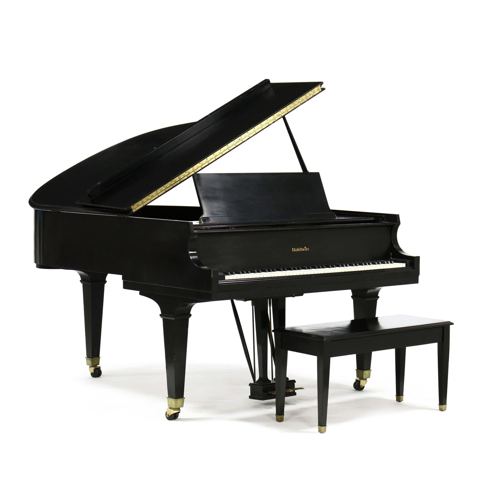 Baldwin, Grand Piano: Baldwin, Grand Piano Model R, serial number 240519, black lacquered case, on Marlborough legs, with artist's bench. 39.5 x 57.5 x 69 in. From the collection of Mr. Bob McKinnon, Newton, North Carolina