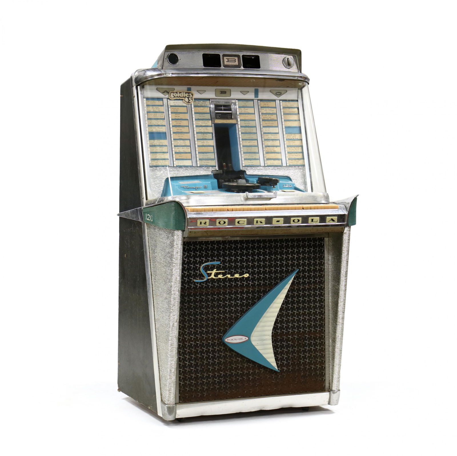 Rock-Ola, Tempo II Jukebox with Chapel Hill Provenance: Rock-Ola, Tempo II Jukebox with Chapel Hill Provenance1960s, model 1478, serial number 215285, plays 45 rpm records, holds 40, chrome plated and black lacquer, hinged glass door, on casters. 59 x 32 x