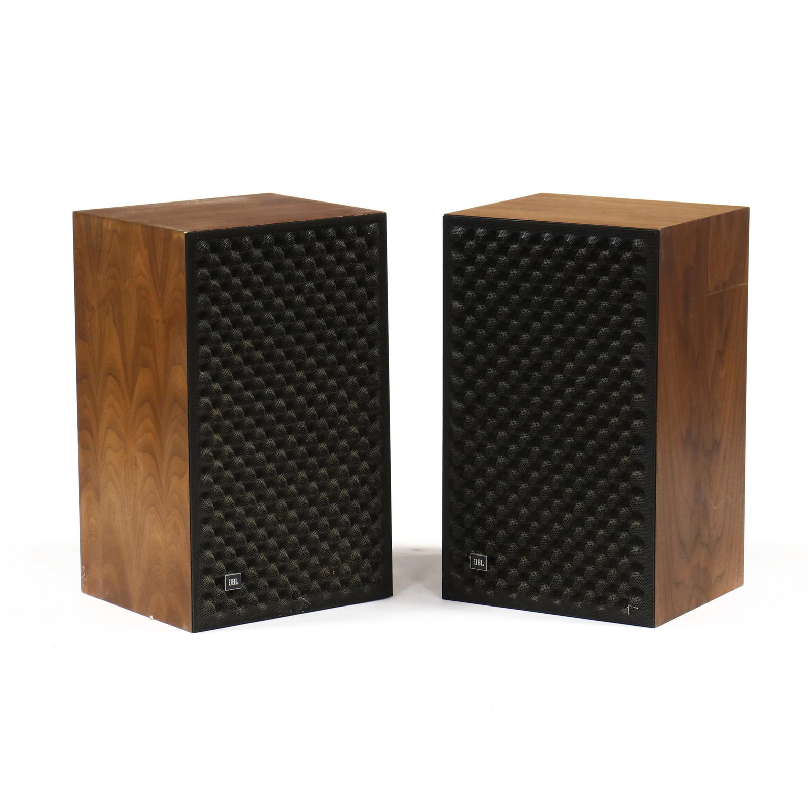 An Un-matched Pair of JBL L166 Loudspeakers: An Un-matched Pair of JBL L166 Loudspeakers pair of three-way JBL speakers circa 1977. Serial number for one speaker is 64545 A, with lock connector. The other is 26012 A, with push style connectors. 