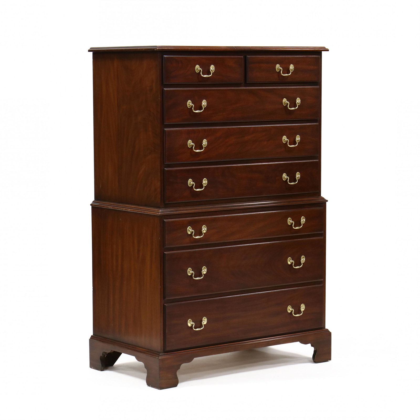 Henkel Harris, Chippendale Style Mahogany Semi Tall: Henkel Harris, Chippendale Style Mahogany Semi Tall Chest of Drawers branded label, to inside of drawer, finish no. 29, paper label to back, oak secondary, two over three molded top and waist, lower c