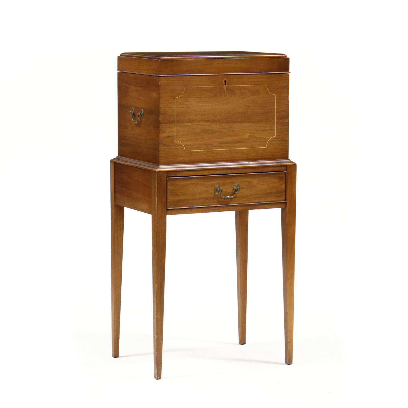 Federal Style Inlaid Cellaret: Federal Style Inlaid Cellaret mid 20th century, walnut, light line inlay, one-part form, hinged lid with removable divided interior, single cockbeaded drawer, on square tapered legs. 43.5 x 21 x 16 in