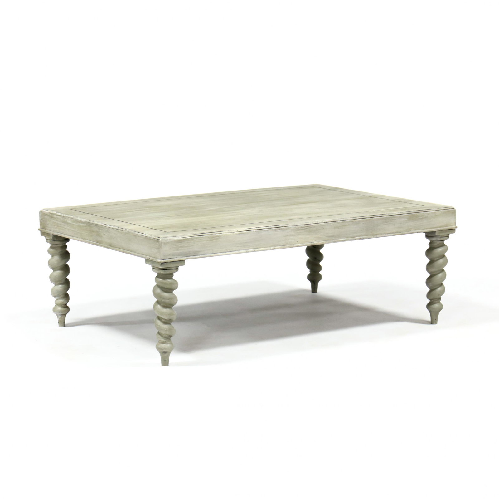 Baker, Painted Barley Twist Coffee Table: Baker, Painted Barley Twist Coffee Table late 20th century, distressed painted surface, on spiral twist legs, labeled. 19 x 36 x 54 in. From the collection of Mr. Bob McKinnon, Newton, North Carolina 