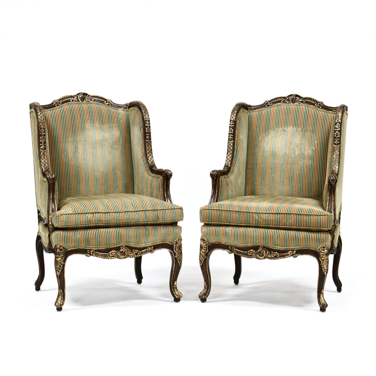 Randall Tysinger for E.J. Victor, Pair of Louis XV: Randall Tysinger for E.J. Victor, Pair of Louis XV Style Bergeres contemporary, mahogany, gilt highlight, relief carved frame with orange and green corduroy, loose down-filled cushion, raised on cabri