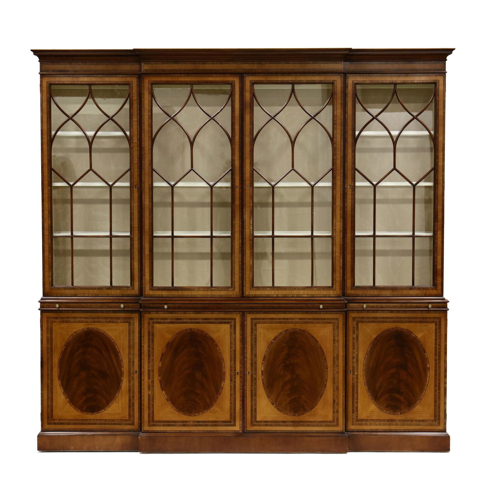 E.J. Victor, Georgian Style Inlaid Breakfront: E.J. Victor, Georgian Style Inlaid Breakfrontlate 20th century, two-part form, upper lighted case with banded inlays, four hinged astragal molded doors, painted and silk lined interior with glass shel