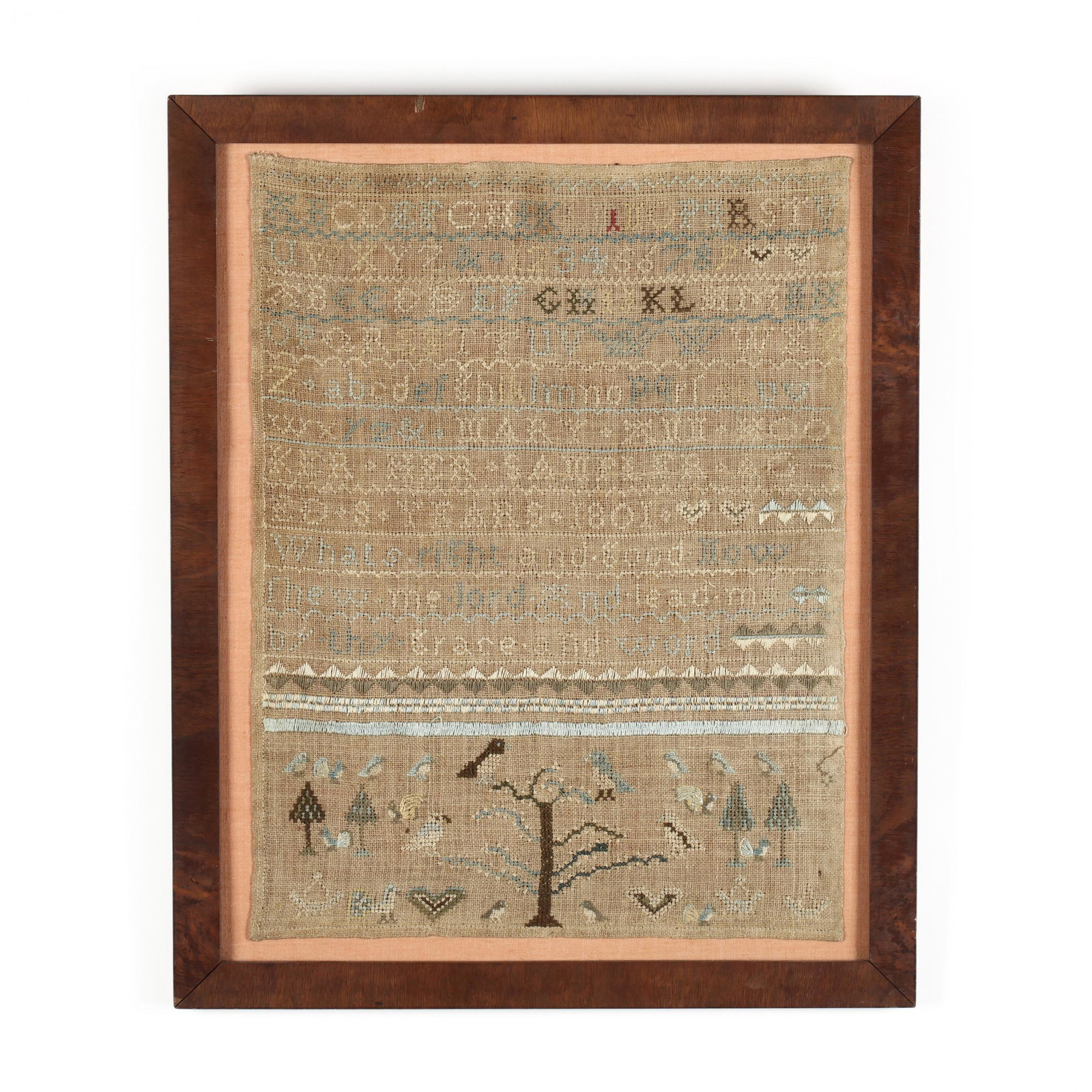 Mary Ann Hooker's Needlework Sampler, 1801: Mary Ann Hooker's Needlework Sampler, 1801 worked in multi color silk on loose ground, top register with alphanumeric rows above maker's name and date, "Mary Ann Booker - Her Sampler - Aged 8 Years - 