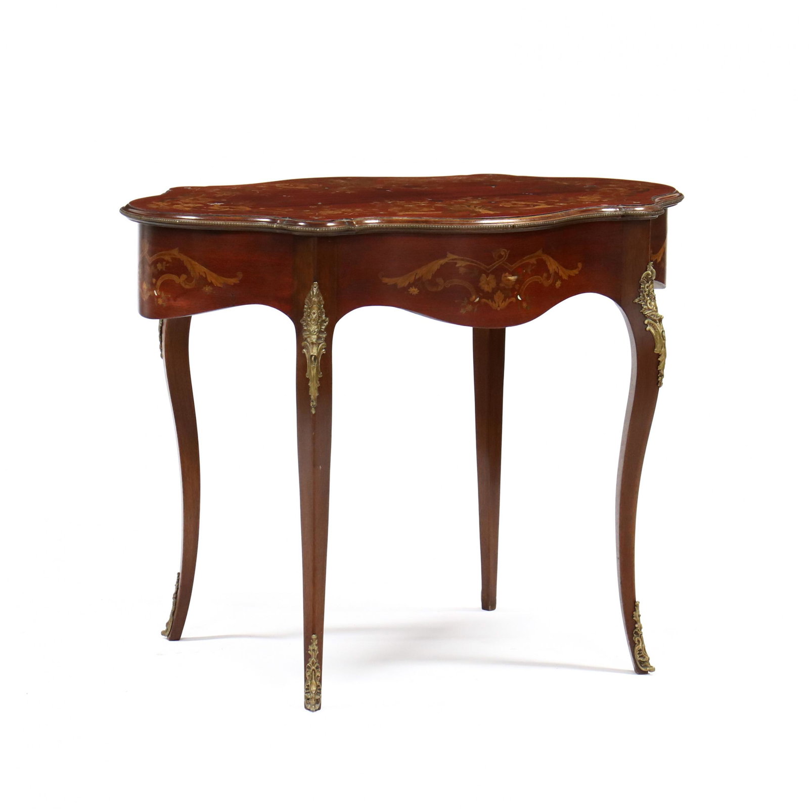 French Marquetry Inlaid Mahogany Parlor Table: French Marquetry Inlaid Mahogany Parlor Table early 20th century, shaped top, with floral inlays, having mother-of-pearl highlights, ormolu trim, scalloped skirt with repeating inlays, on cabriole leg