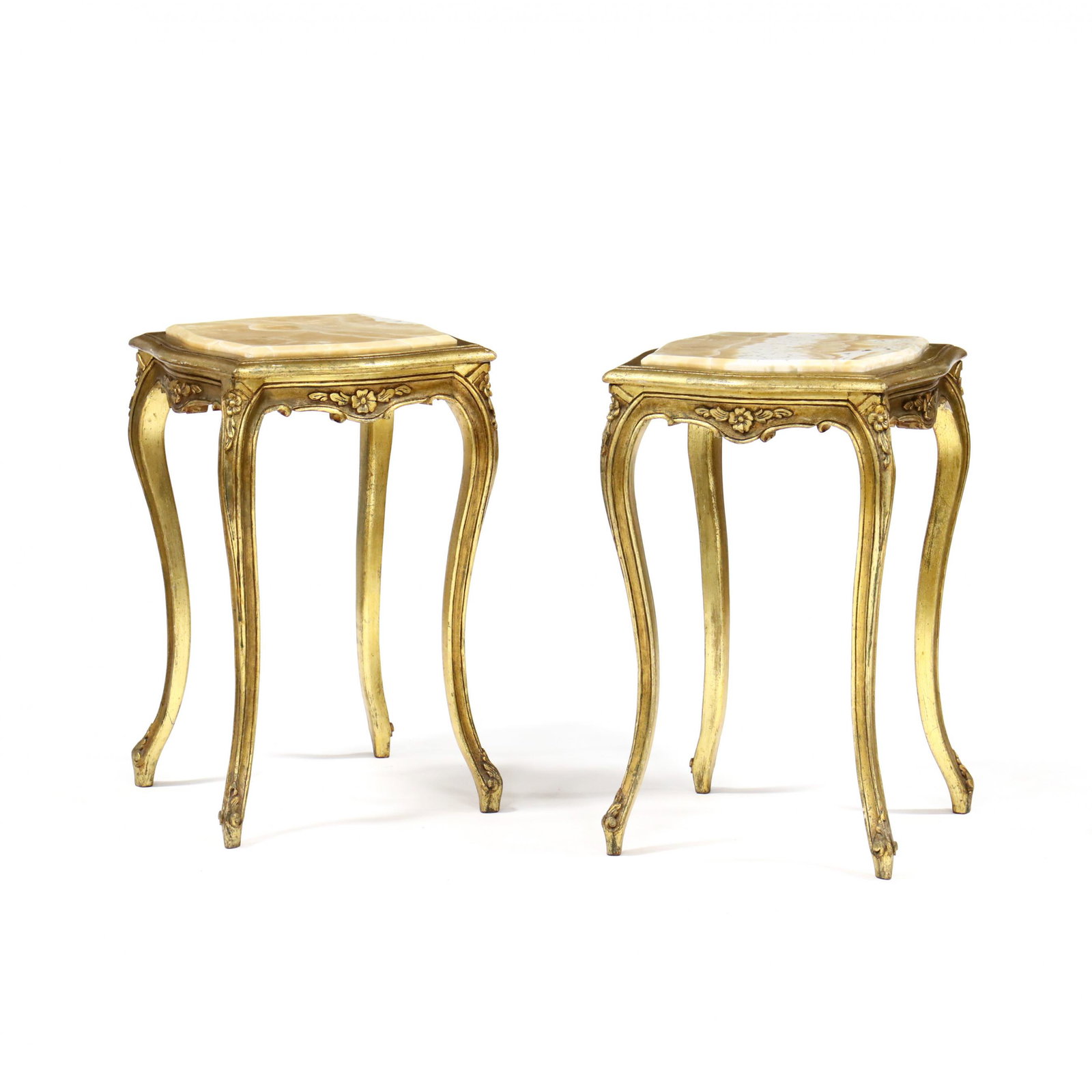 Pair of Louis XVI Style Stone Top Tables: Pair of Louis XVI Style Stone Top Tables mid to late 20th century, inset alabaster tops, on carved and gilt stands. 28 x 17 x 17 in. Additional high-resolution photos are available at LelandLittle.com